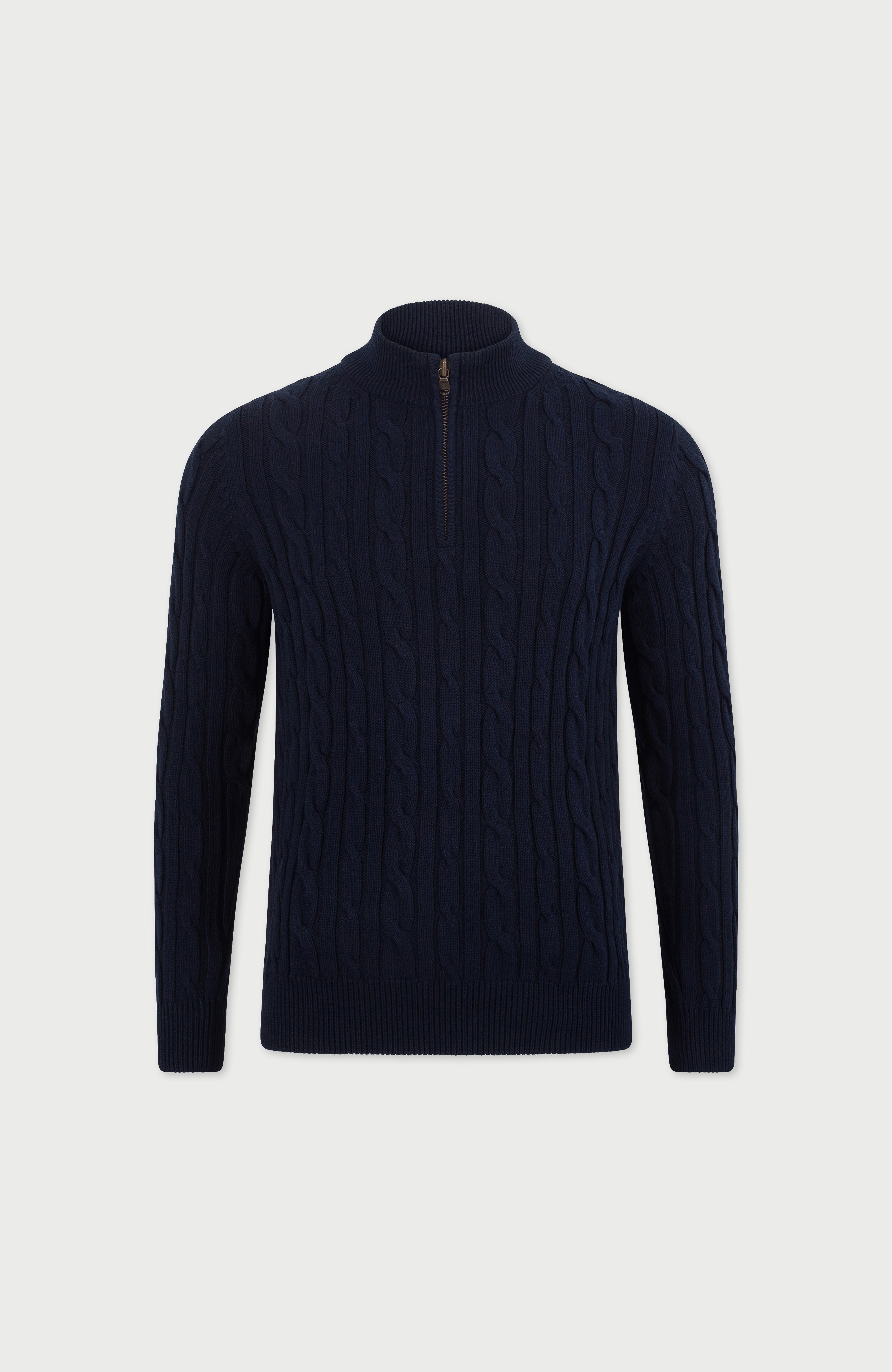 Mens Midweight Cotton Cable Zip Neck Jumper