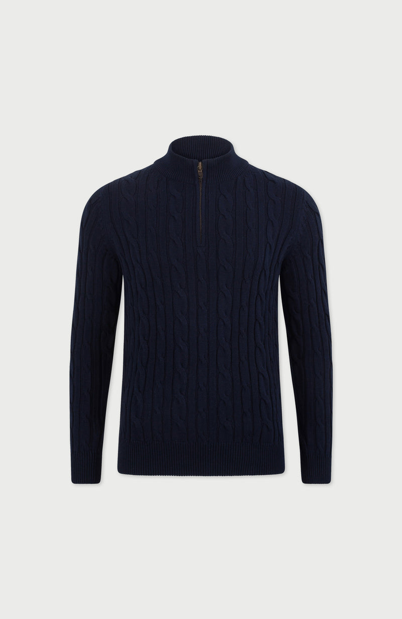Mens Midweight Cotton Cable Zip Neck Jumper