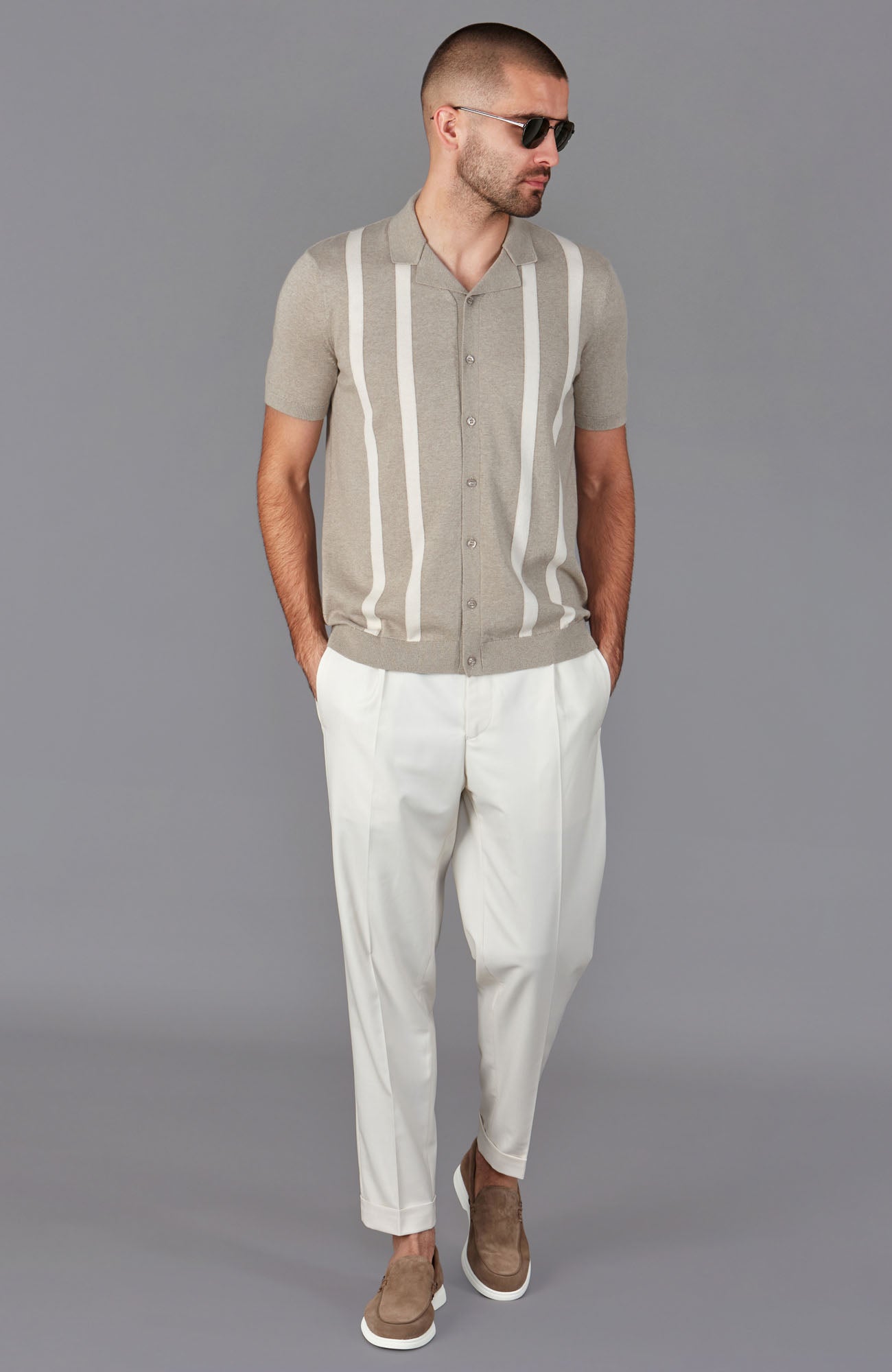 Mens Ultra Fine Cotton Cuban Collar Striped Shirt