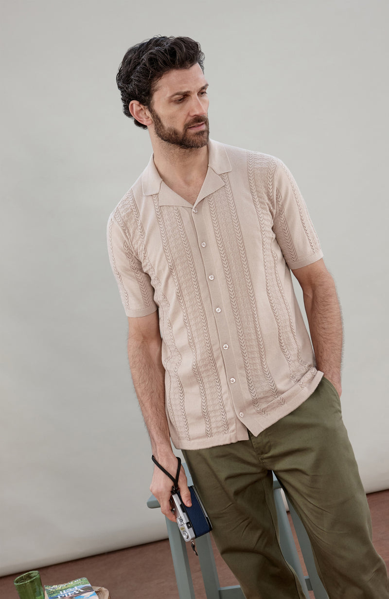 Mens Ultra Fine Cotton Open Knit Cuban Collar Shirt
