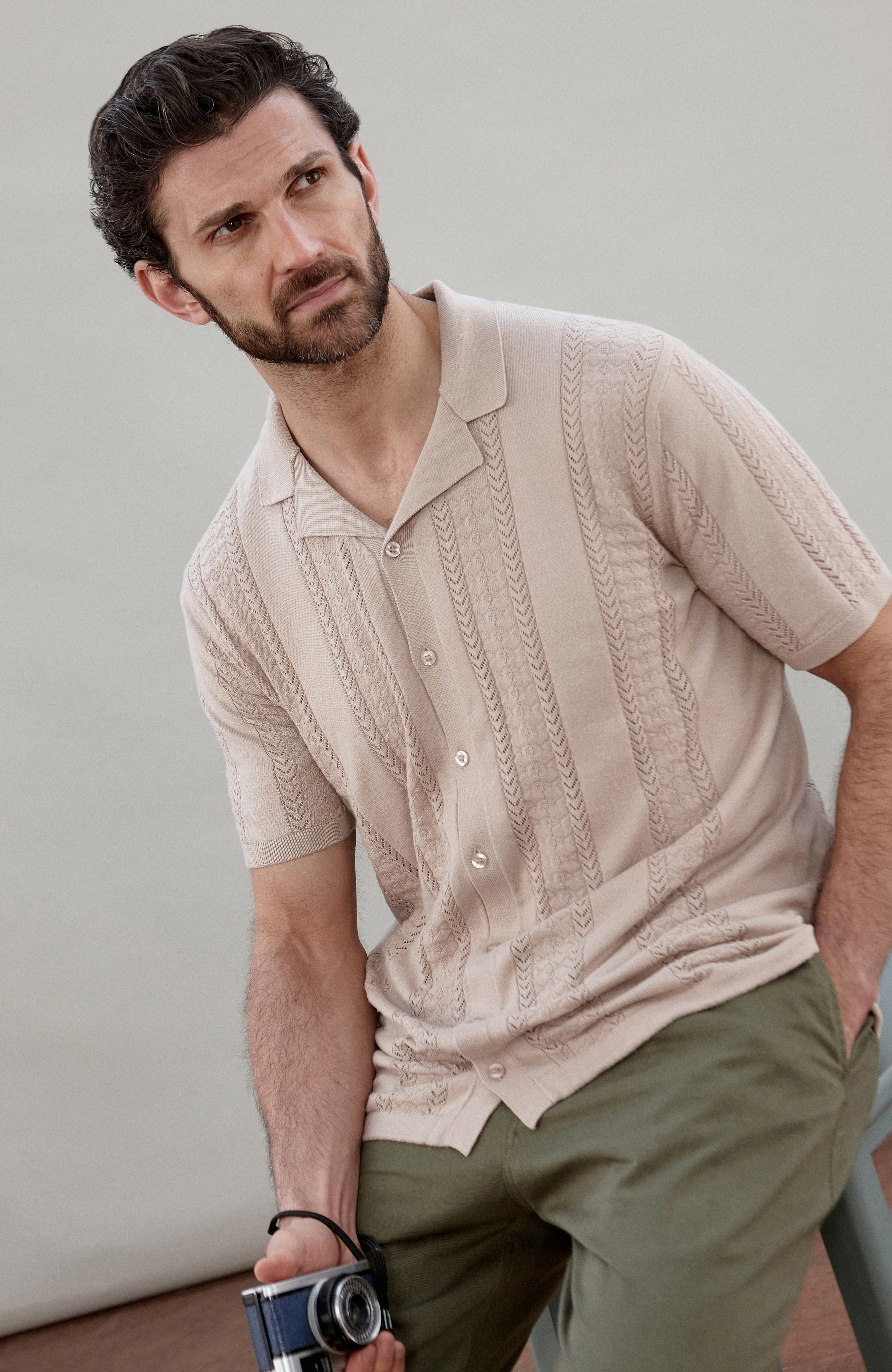 Mens Ultra Fine Cotton Open Knit Cuban Collar Shirt