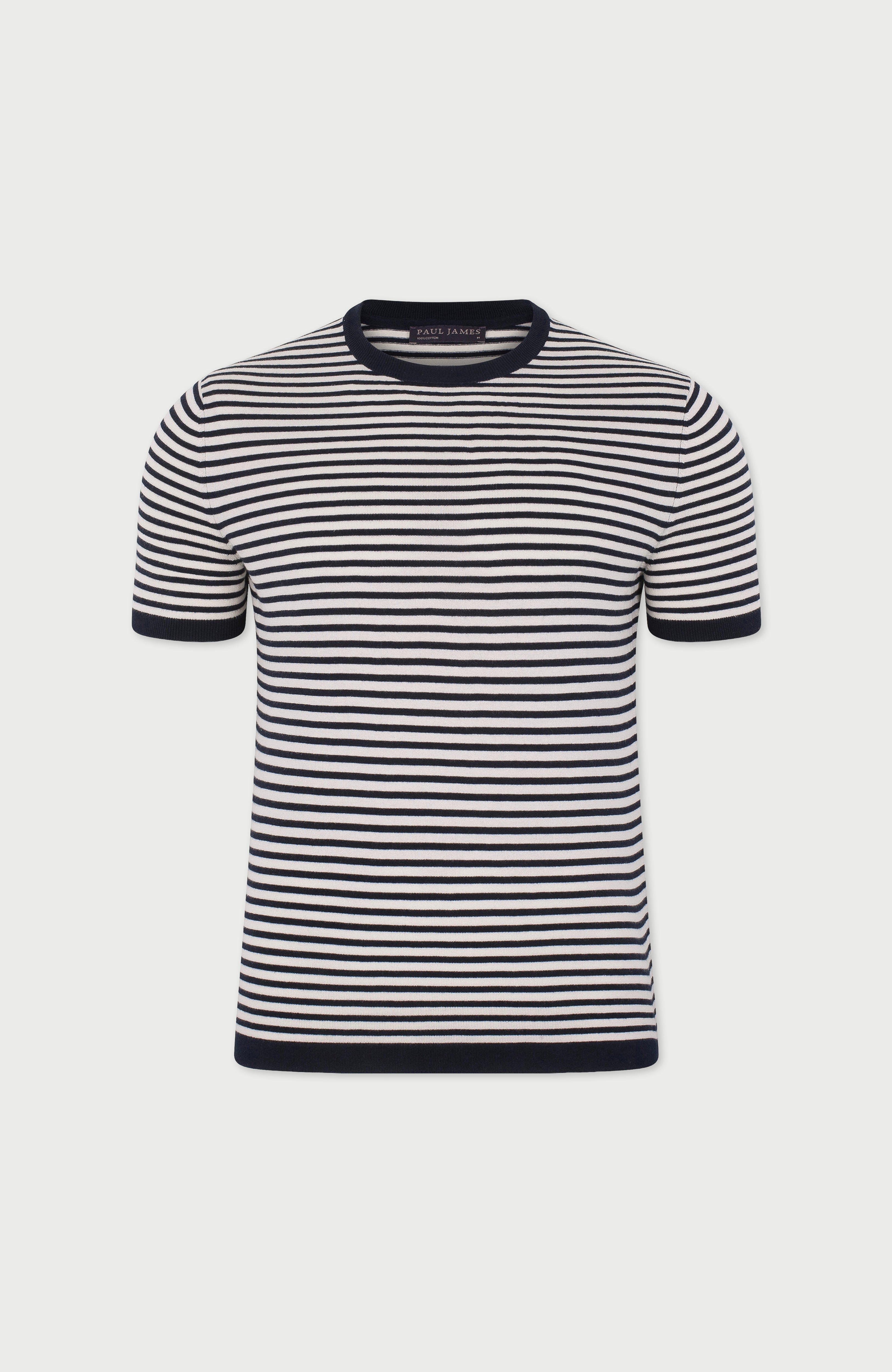 Mens Ultra Fine Cotton Knitted Narrow Breton Stripe T-Shirt