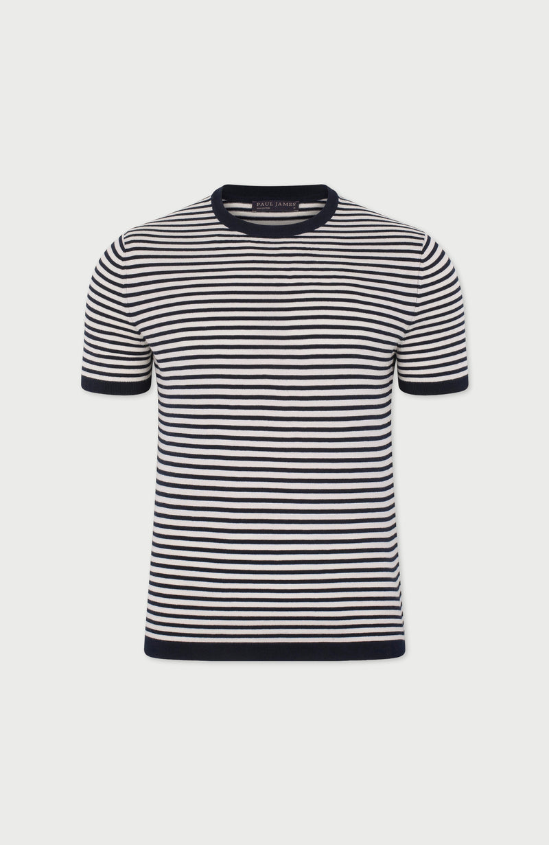 Mens Ultra Fine Cotton Knitted Narrow Breton Stripe T-Shirt