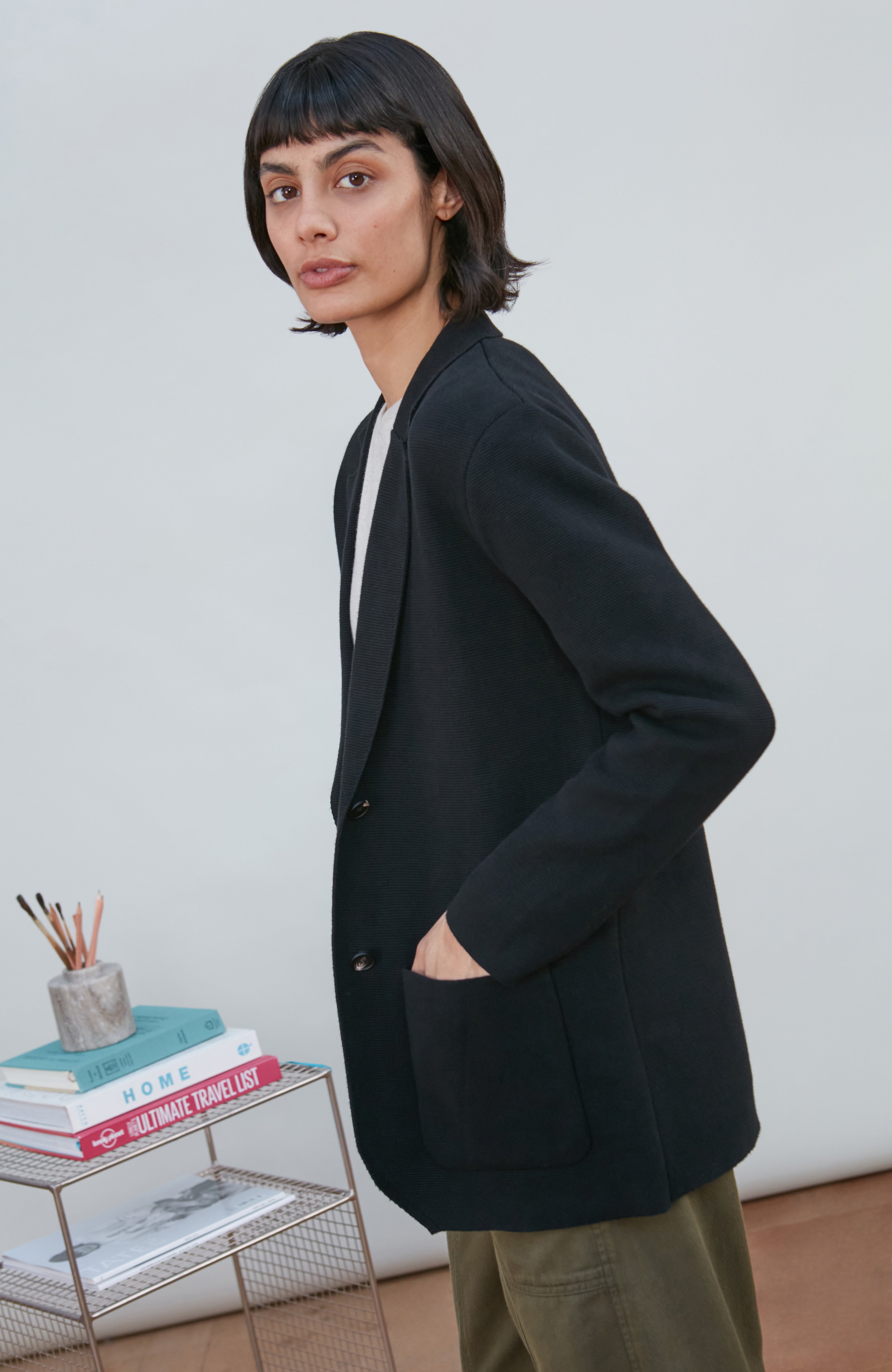 Womens Midweight Cotton Relaxed Fit Knitted Blazer