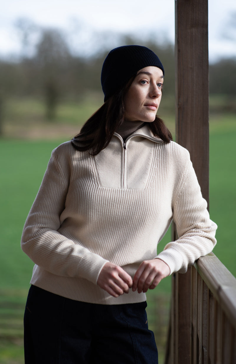 Womens Midweight Cotton Troyer Zip Neck Ribbed Jumper