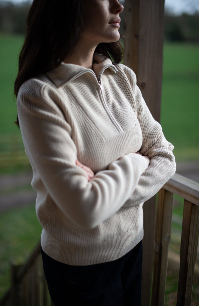 Womens Midweight Cotton Troyer Zip Neck Ribbed Jumper