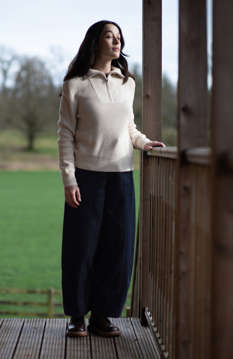 Womens Midweight Cotton Troyer Zip Neck Ribbed Jumper