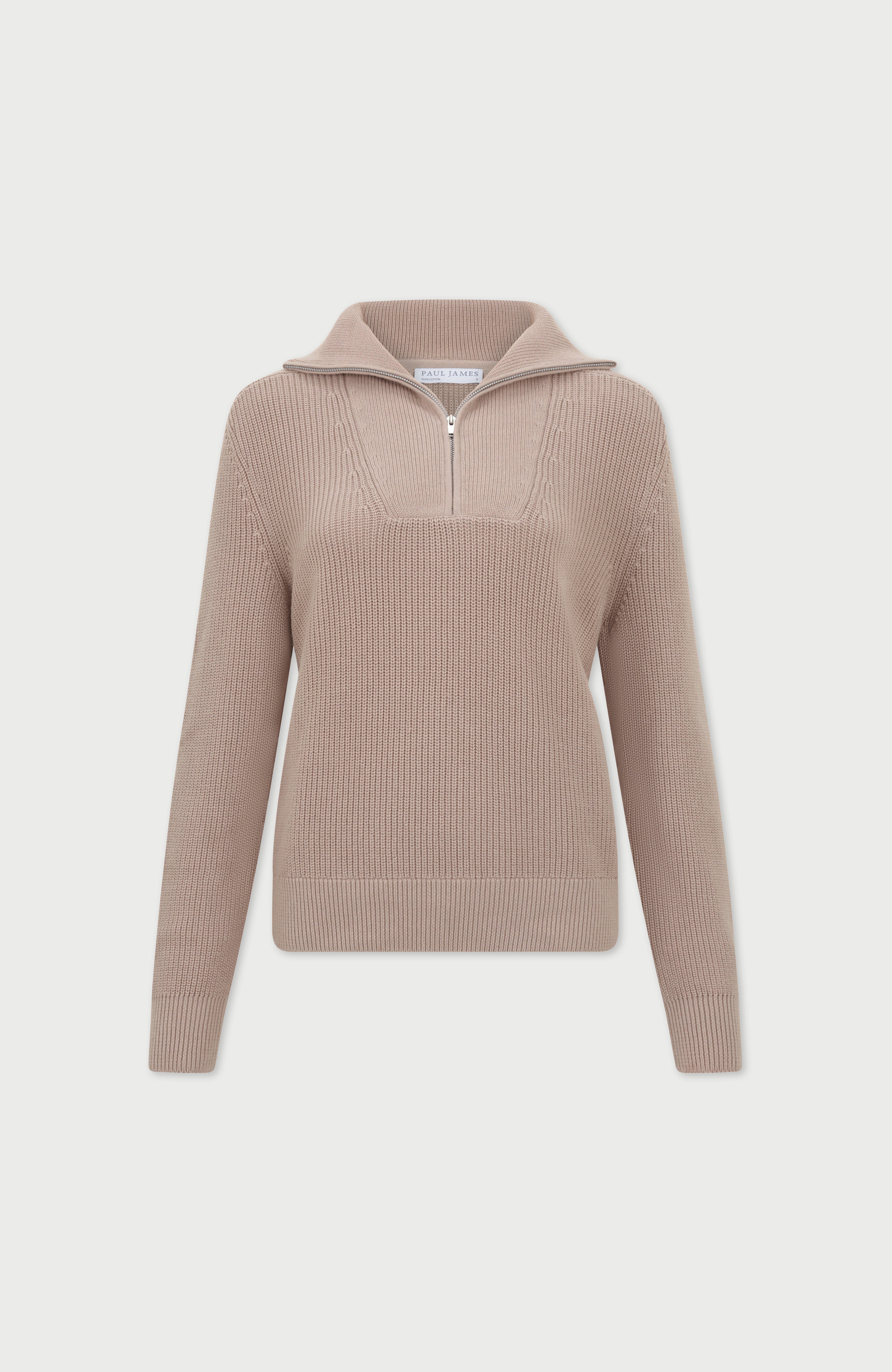 Womens Midweight Cotton Troyer Zip Neck Ribbed Jumper