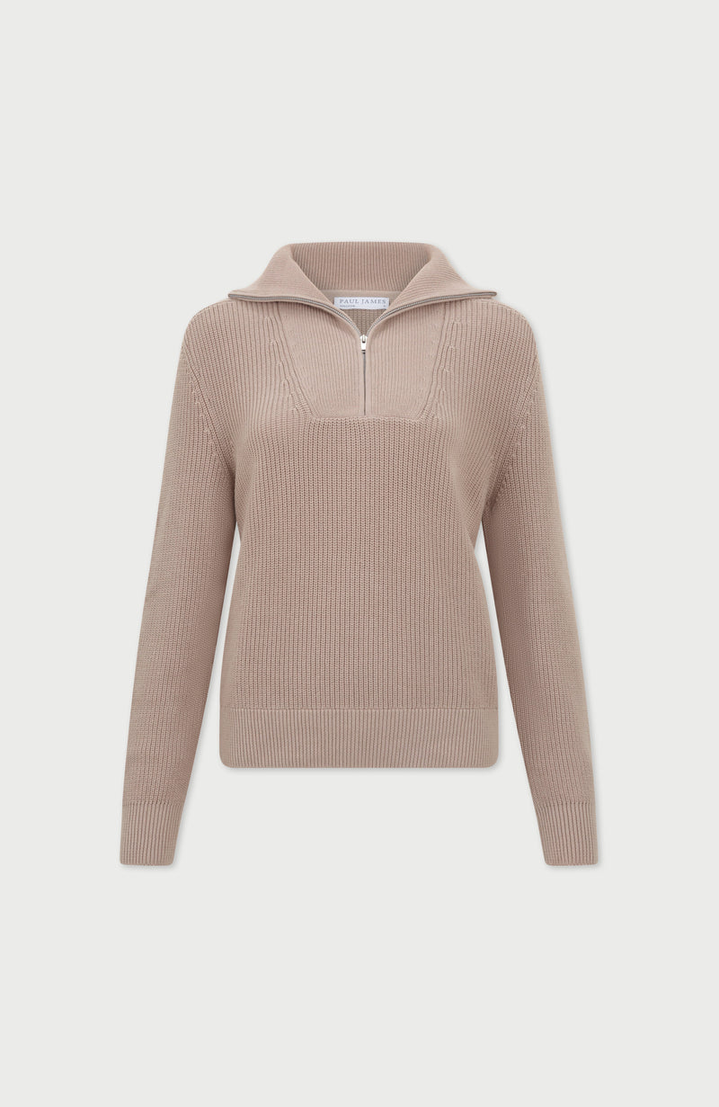 Womens Midweight Cotton Troyer Zip Neck Ribbed Jumper