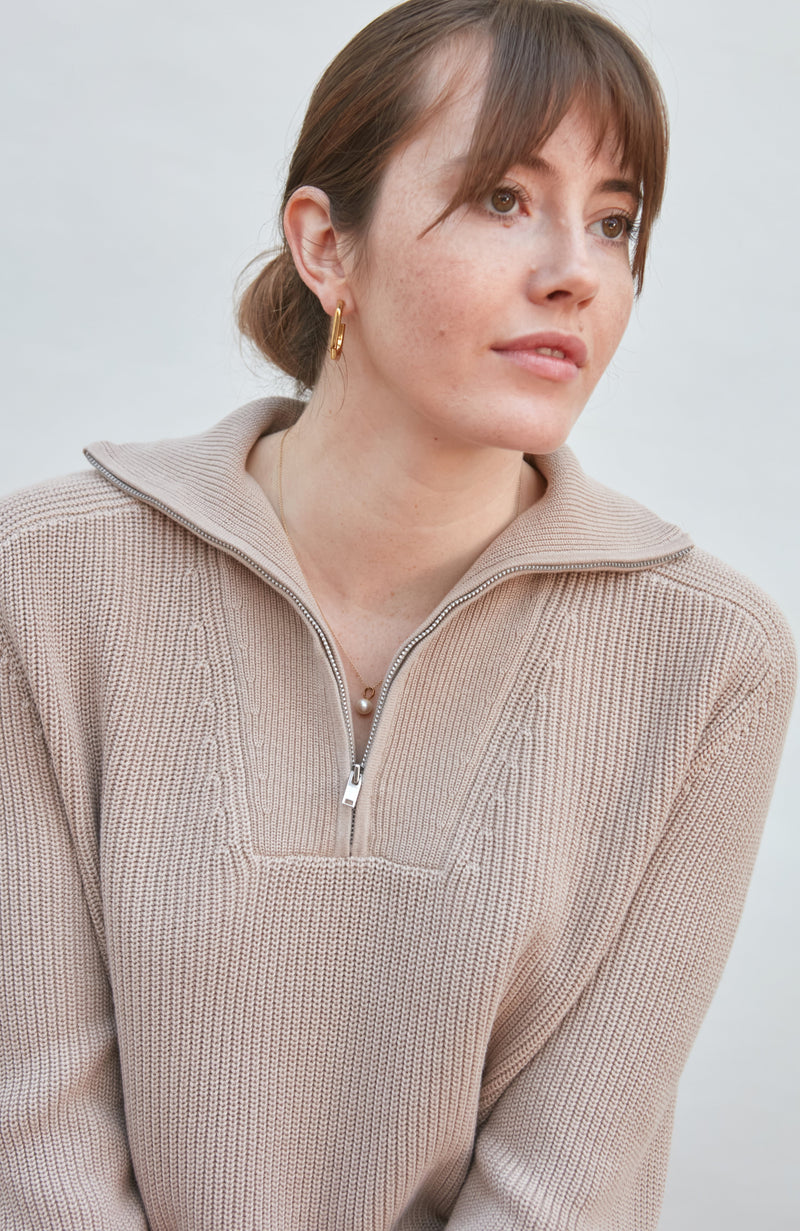 Womens Midweight Cotton Troyer Zip Neck Ribbed Jumper