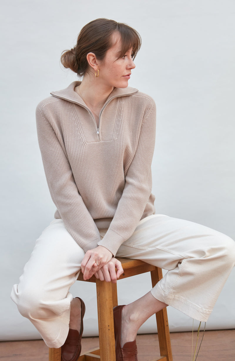 Womens Midweight Cotton Troyer Zip Neck Ribbed Jumper