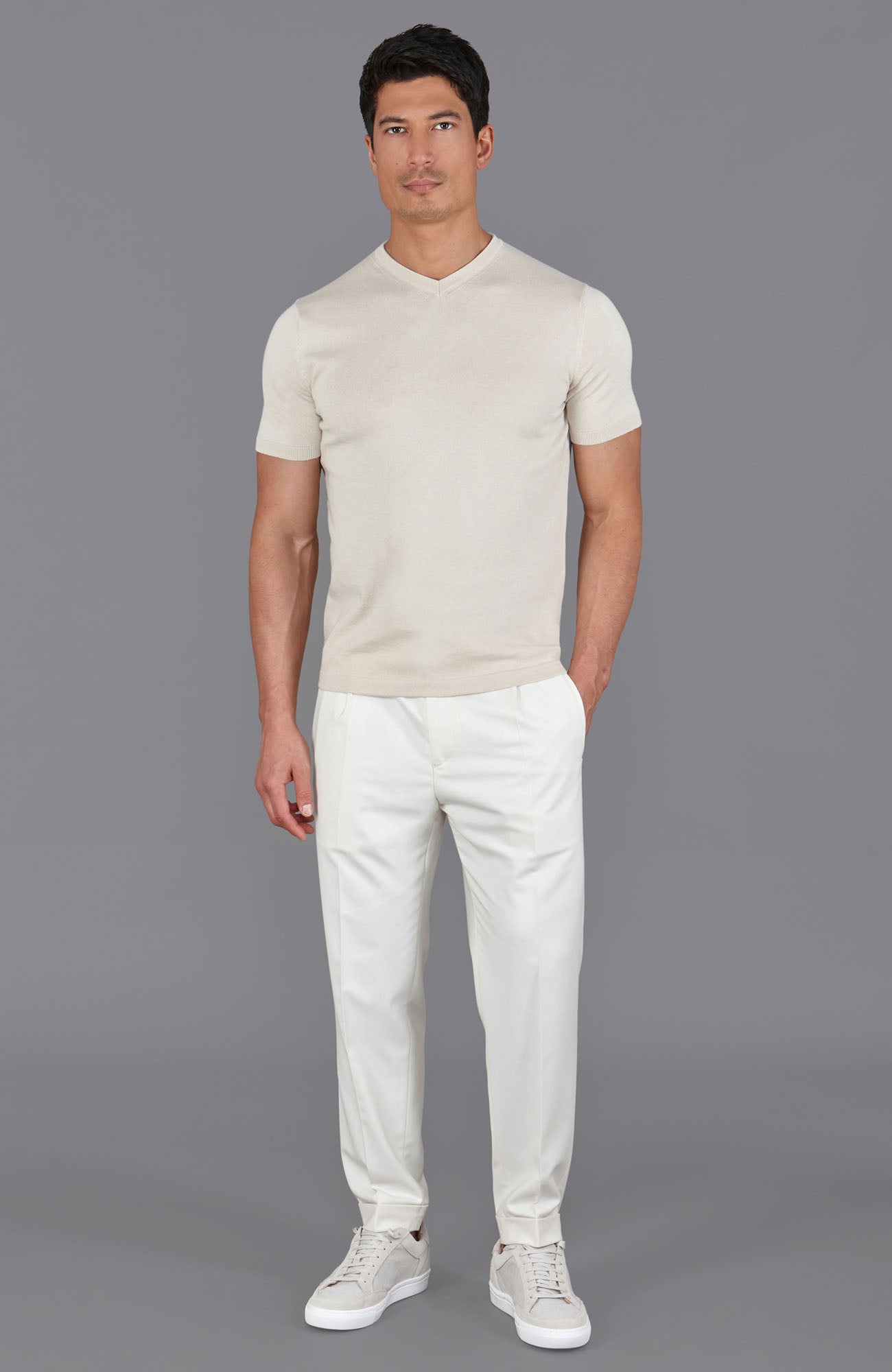 Mens Ultra Fine Cotton High V Neck Knitted T-Shirt