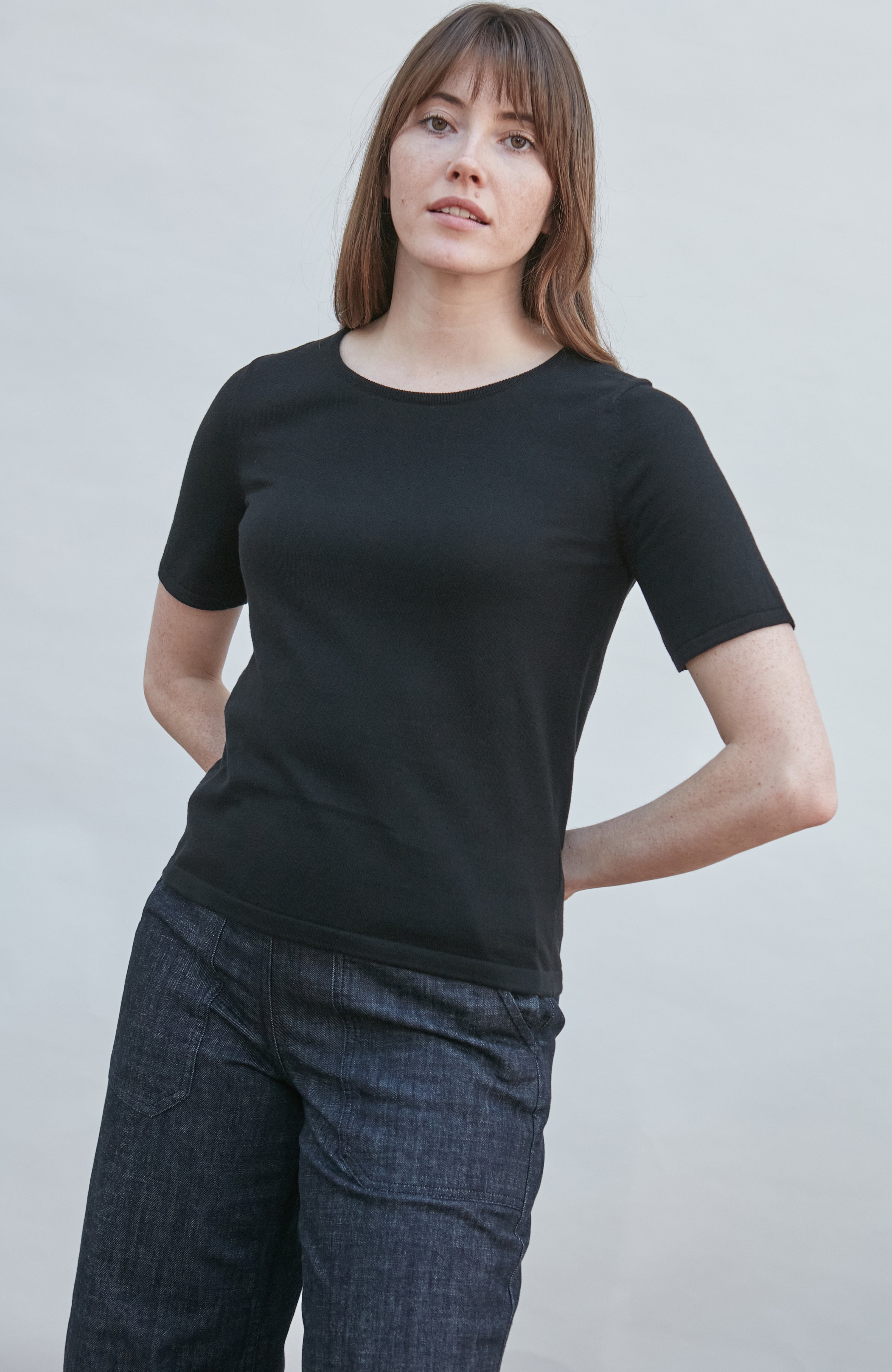 Womens Ultra Fine Cotton Crew Neck Knitted T-Shirt