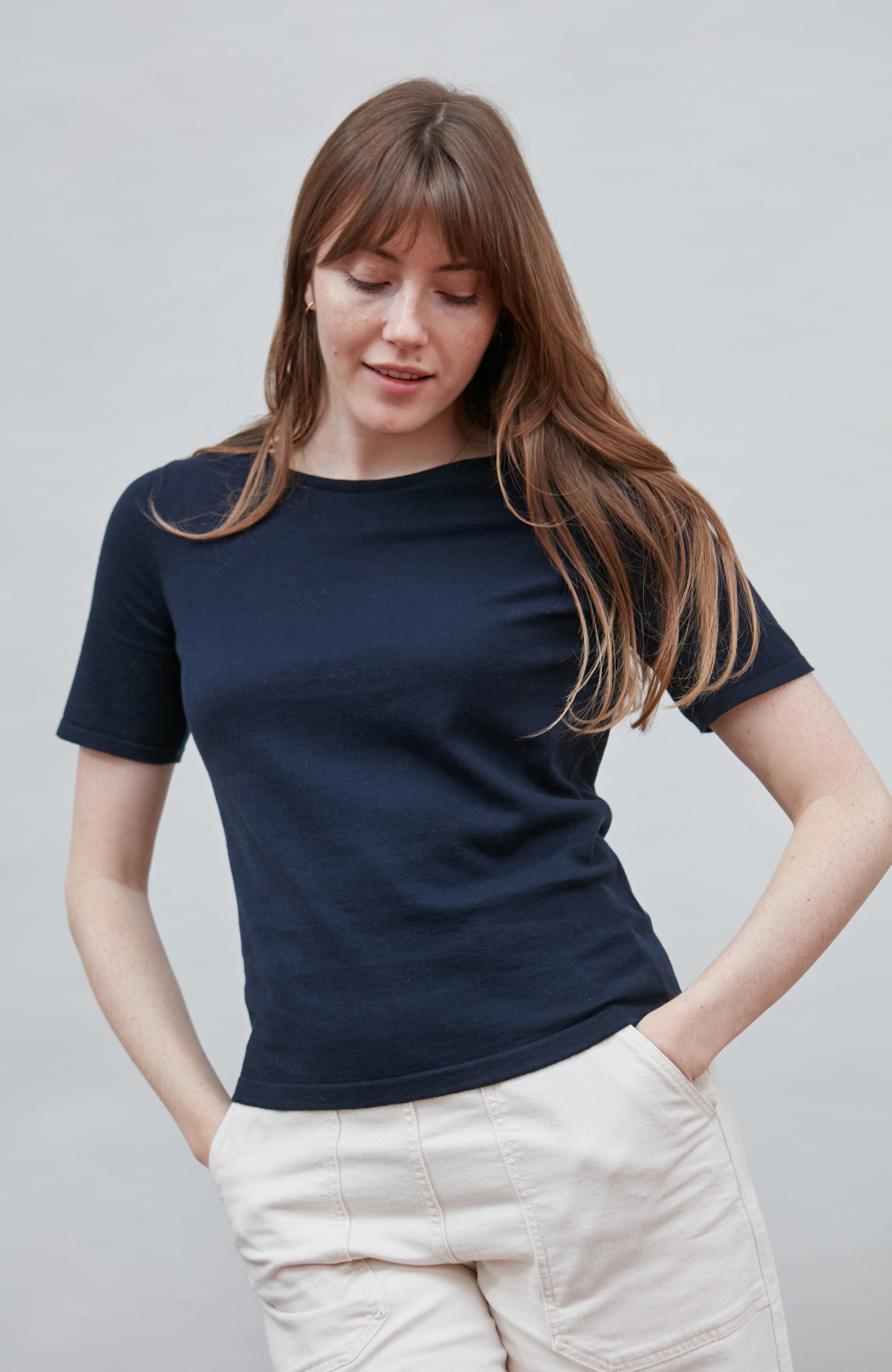 Womens Ultra Fine Cotton Crew Neck Knitted T-Shirt