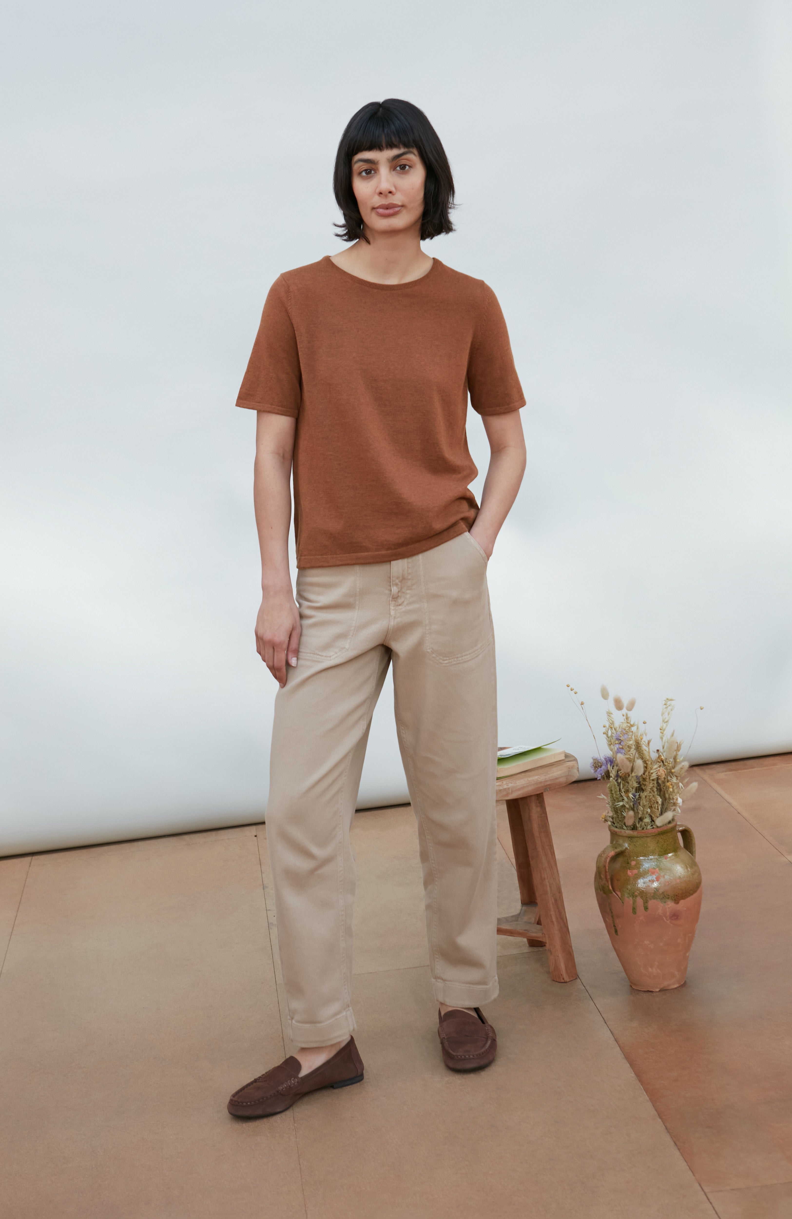 Womens Ultra Fine Cotton Crew Neck Knitted T-Shirt
