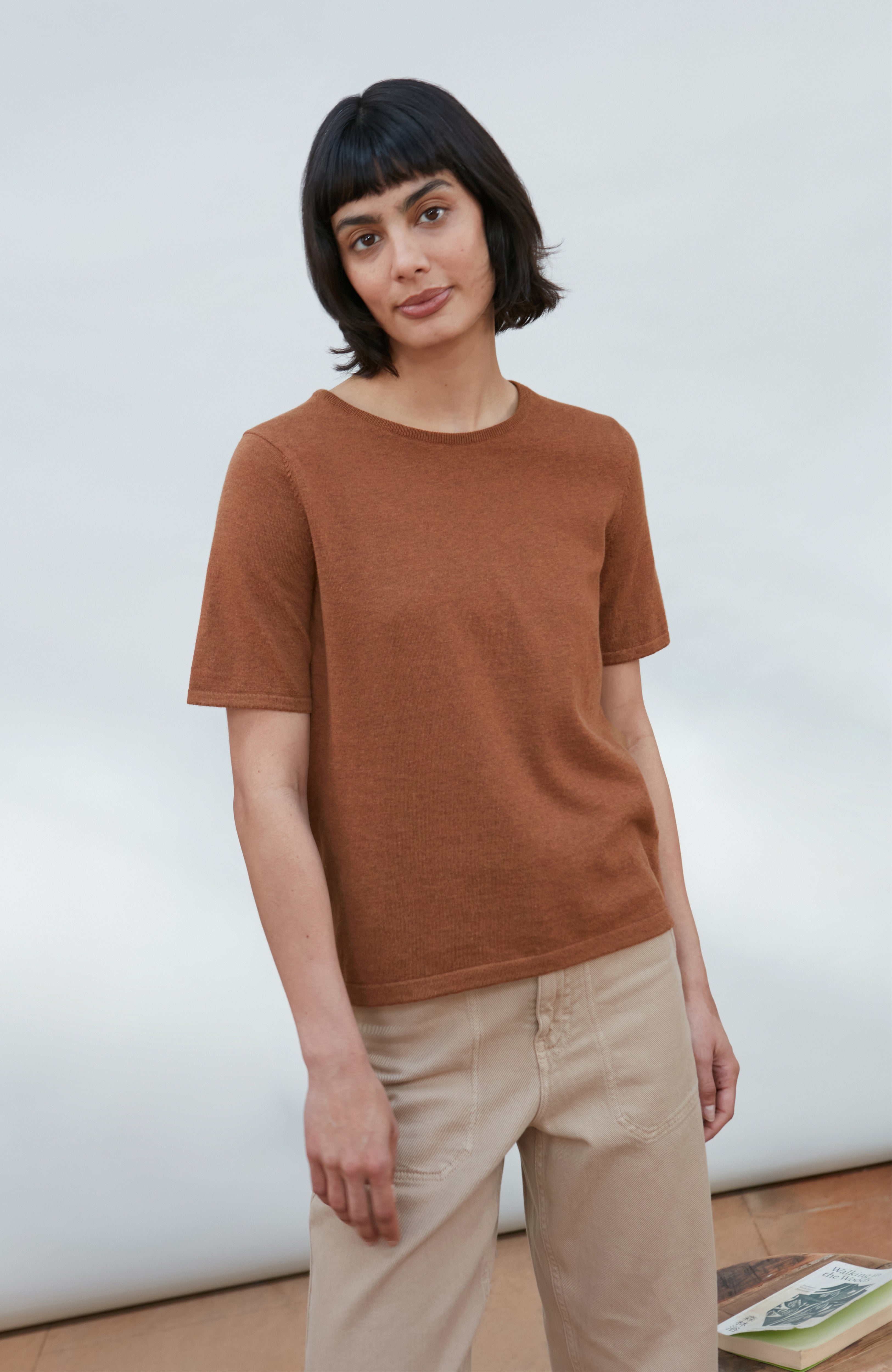 Womens Ultra Fine Cotton Crew Neck Knitted T-Shirt