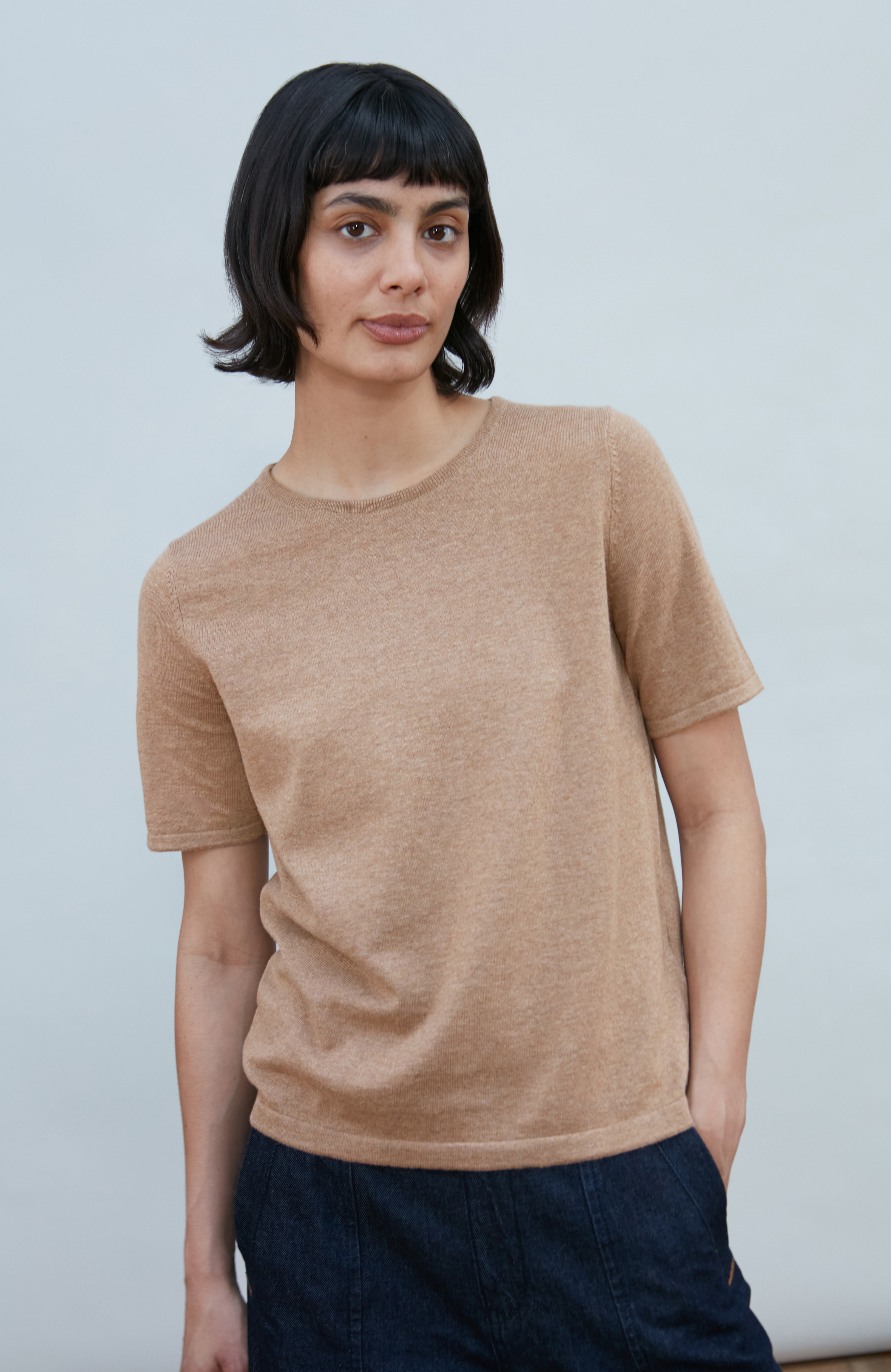 Womens Ultra Fine Cotton Crew Neck Knitted T-Shirt