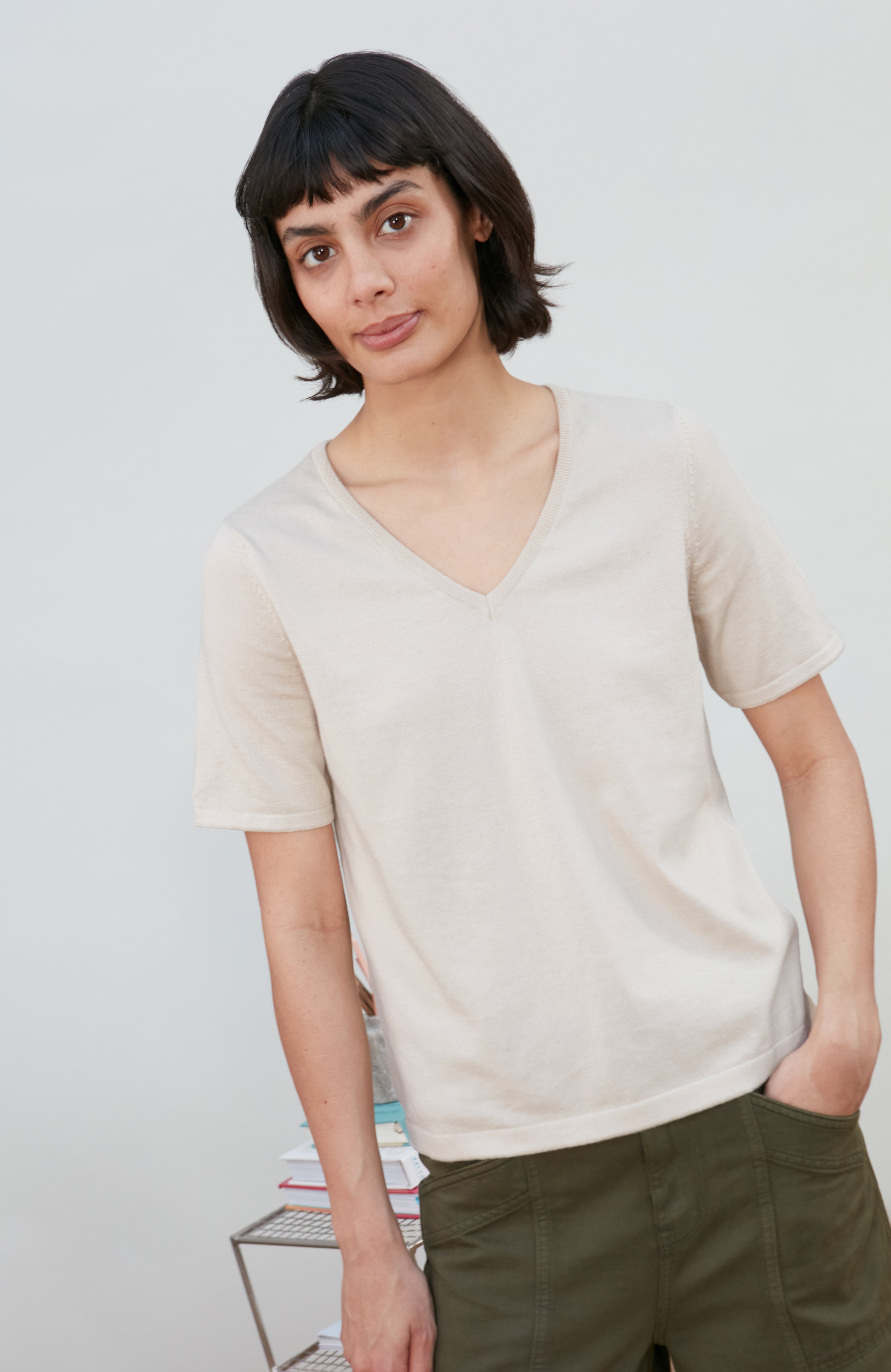 Womens Ultra Fine Cotton V Neck Knitted T-Shirt