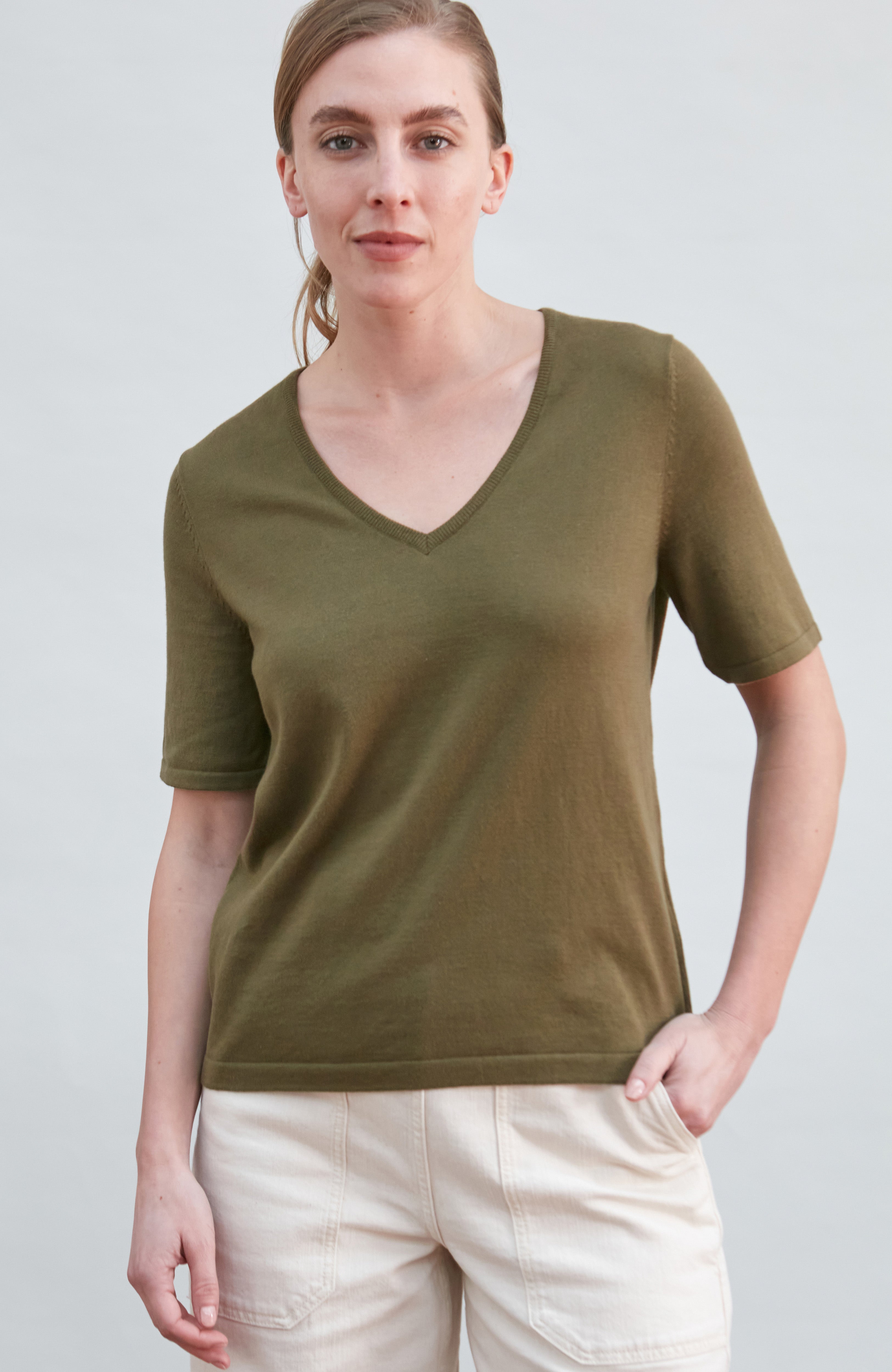 Womens Ultra Fine Cotton V Neck Knitted T-Shirt