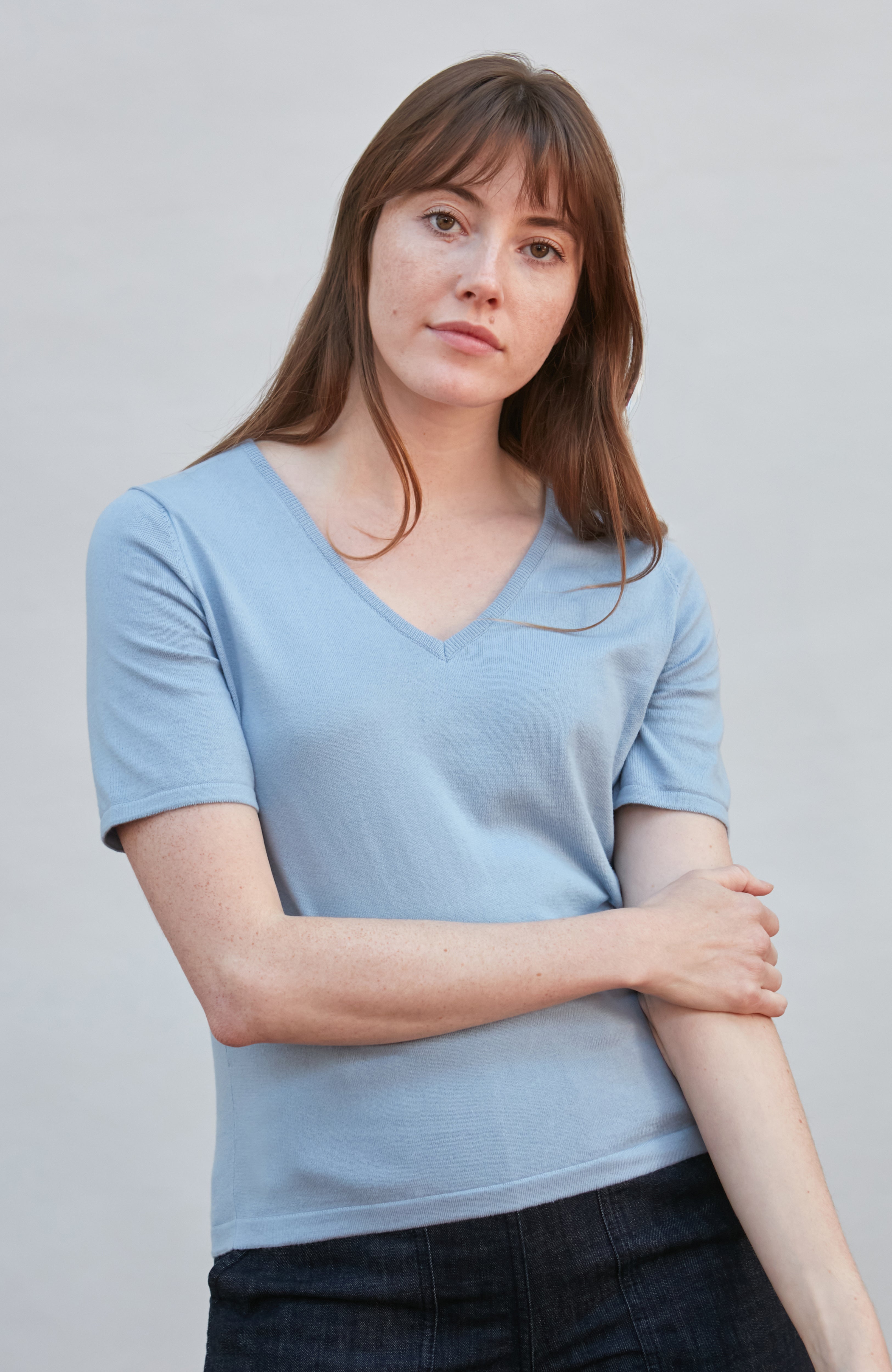 Womens Ultra Fine Cotton V Neck Knitted T-Shirt