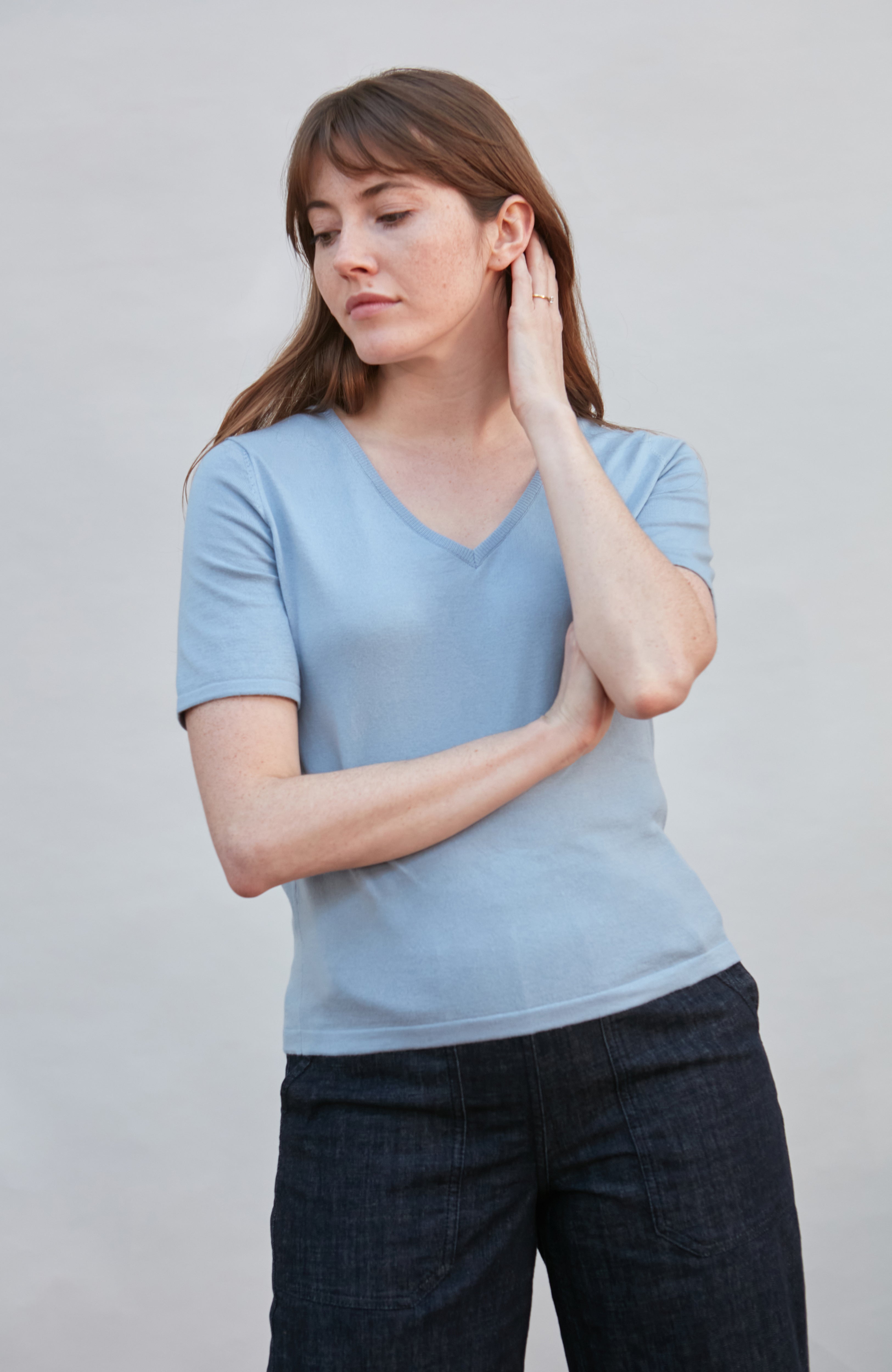 Womens Ultra Fine Cotton V Neck Knitted T-Shirt