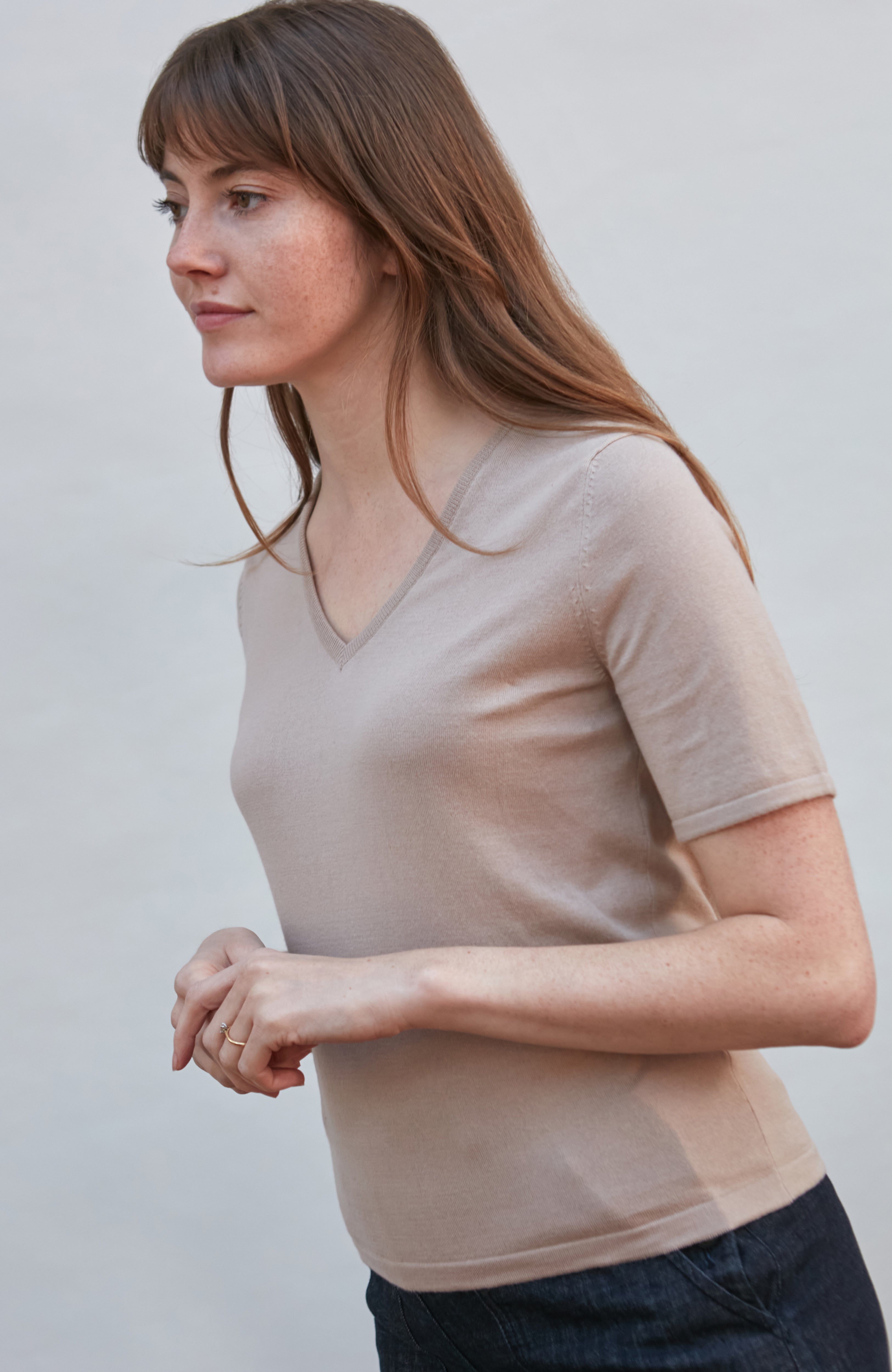 Womens Ultra Fine Cotton V Neck Knitted T-Shirt