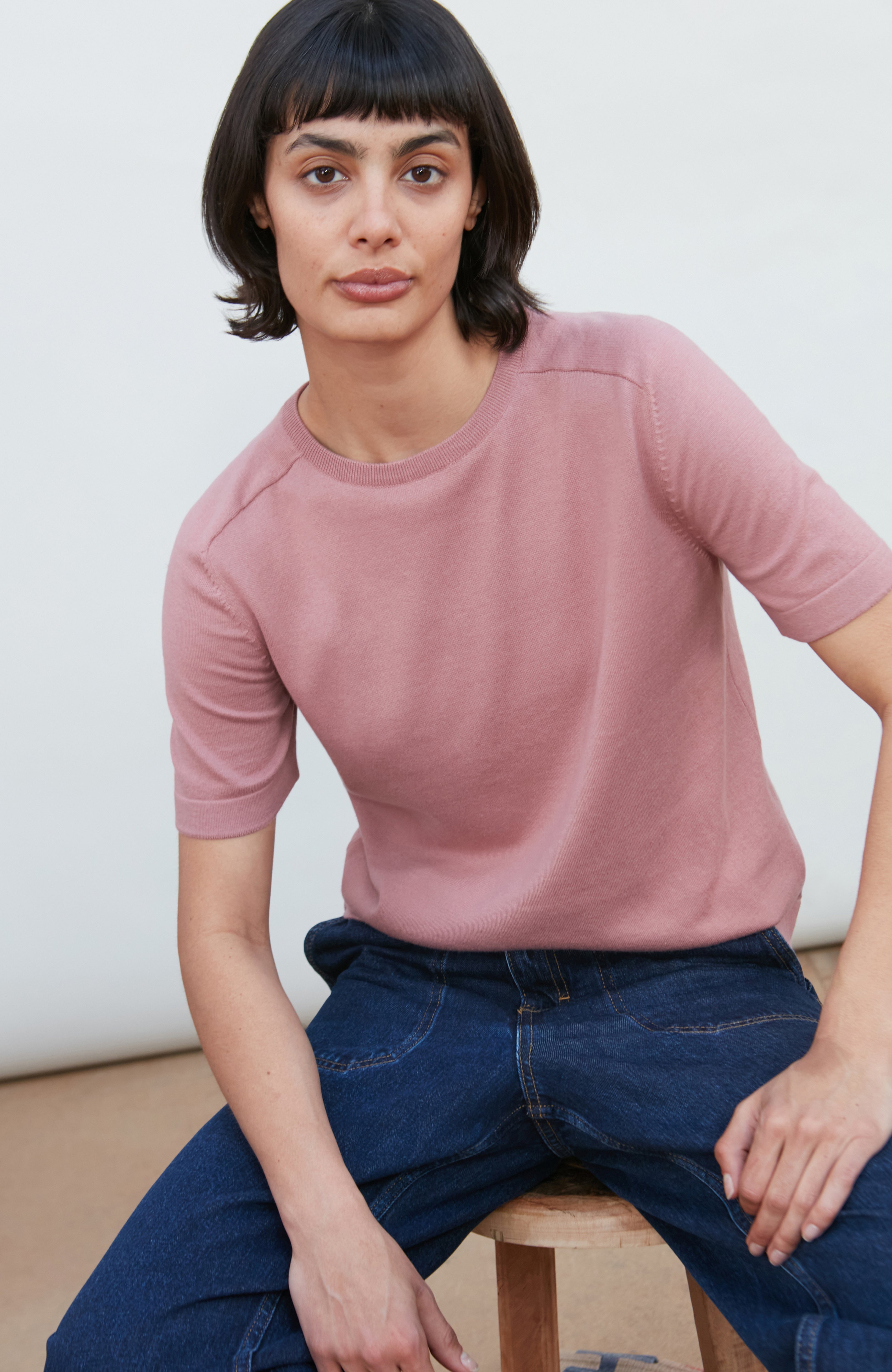 Womens Ultra Fine Cotton Saddle Shoulder Knitted T-Shirt