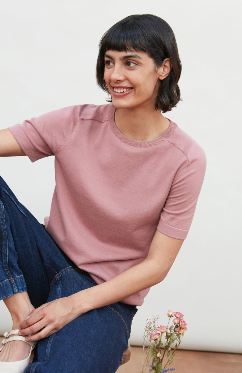 Womens Ultra Fine Cotton Saddle Shoulder Knitted T-Shirt