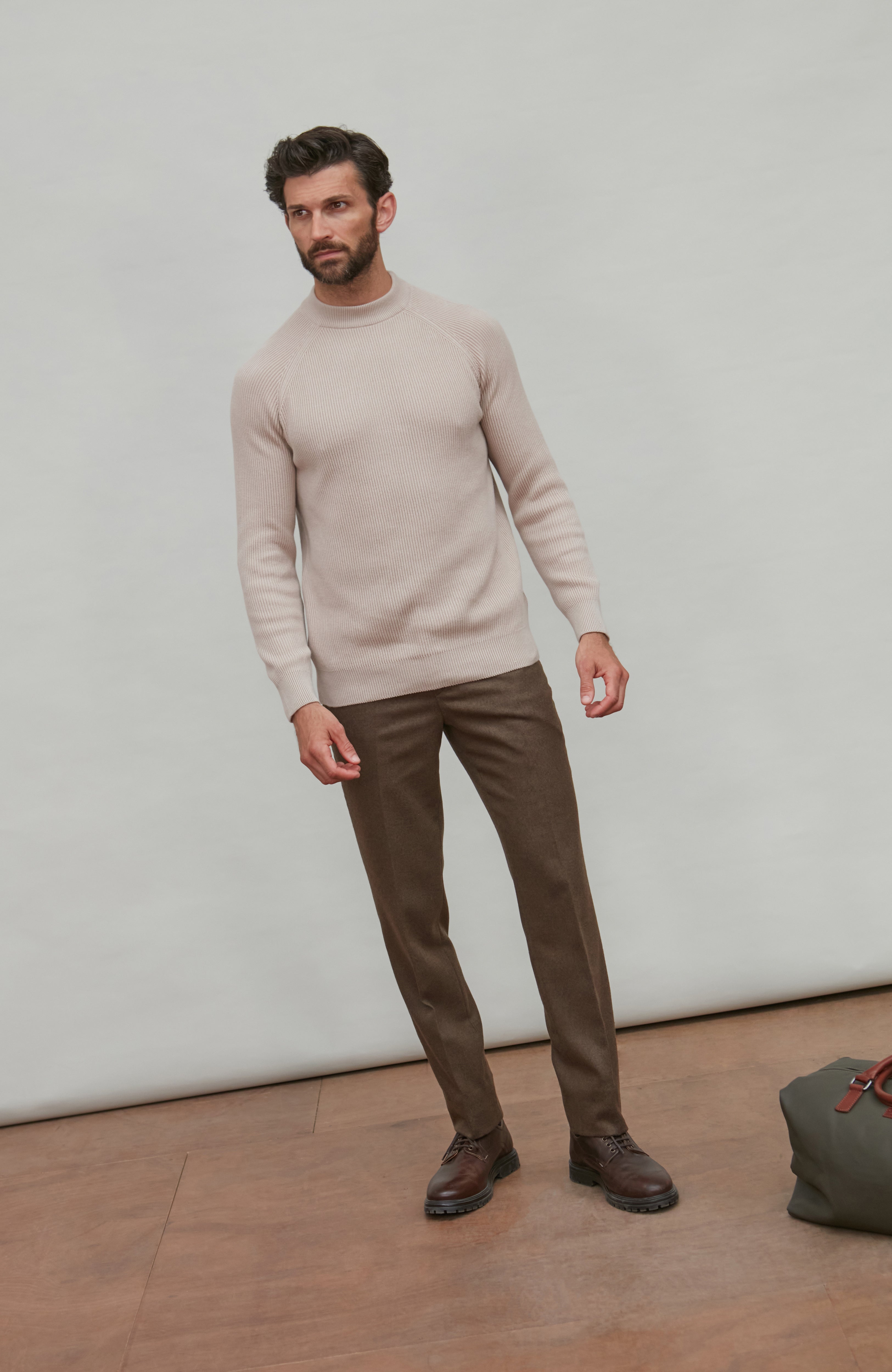Mens Midweight Cotton Ribbed High Crew Neck Jumper