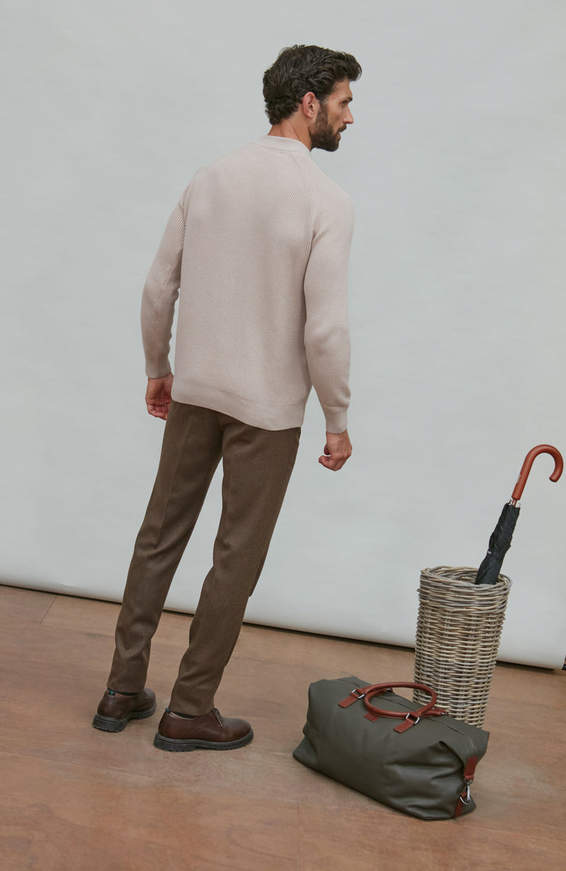Mens Midweight Cotton Ribbed High Crew Neck Jumper