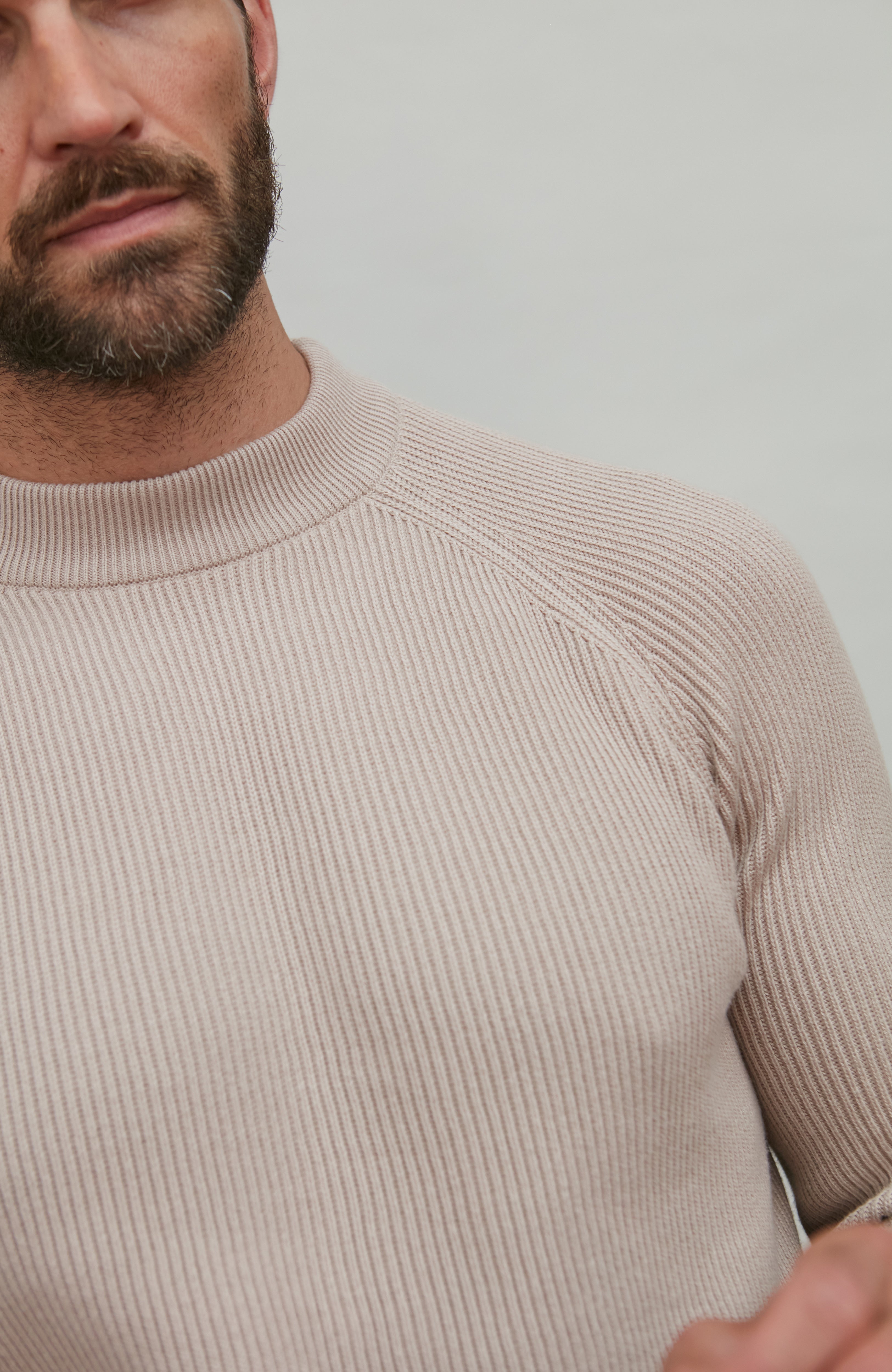 Mens Midweight Cotton Ribbed High Crew Neck Jumper