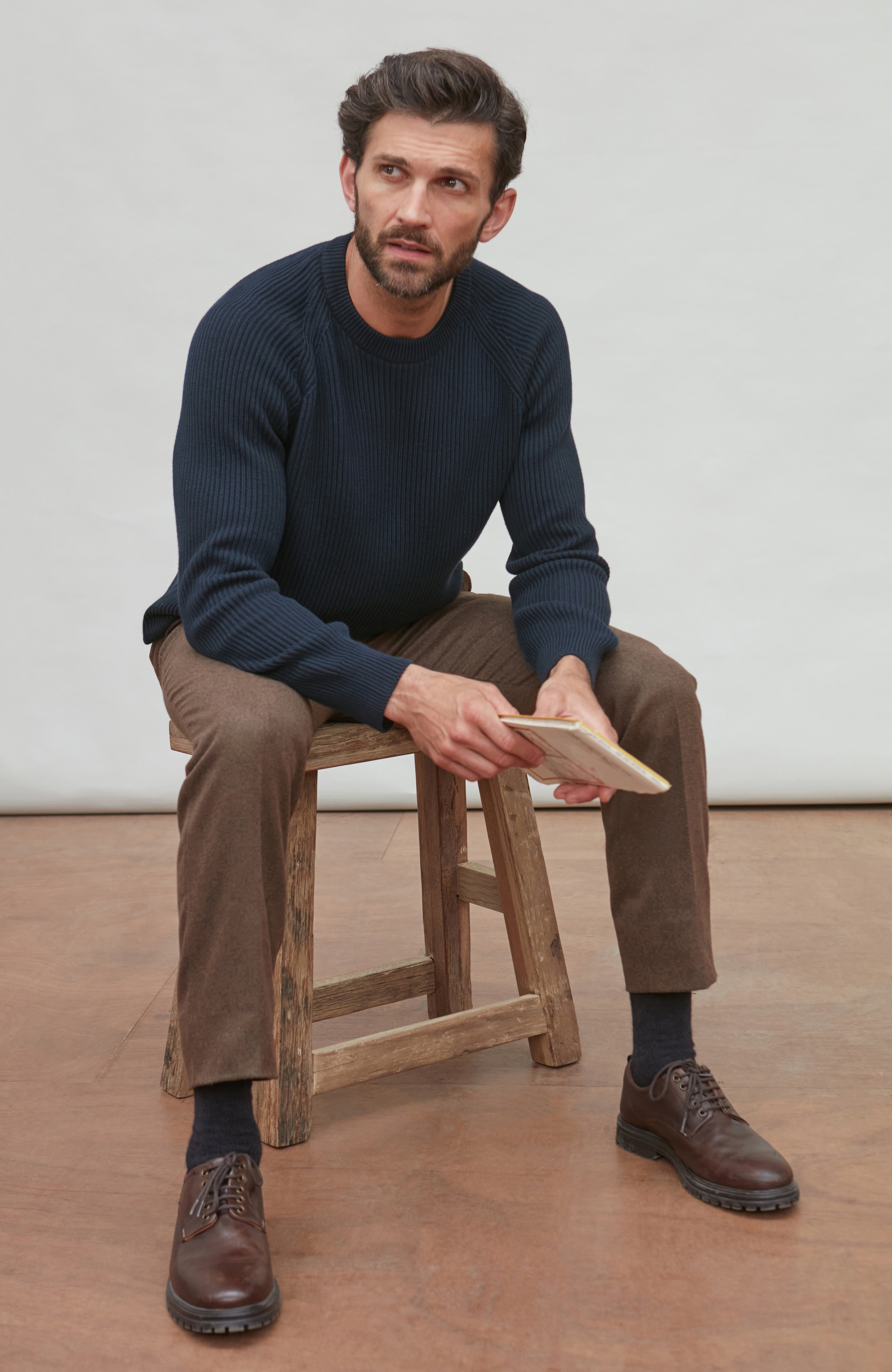 Mens Midweight Cotton Ribbed Crew Neck Jumper