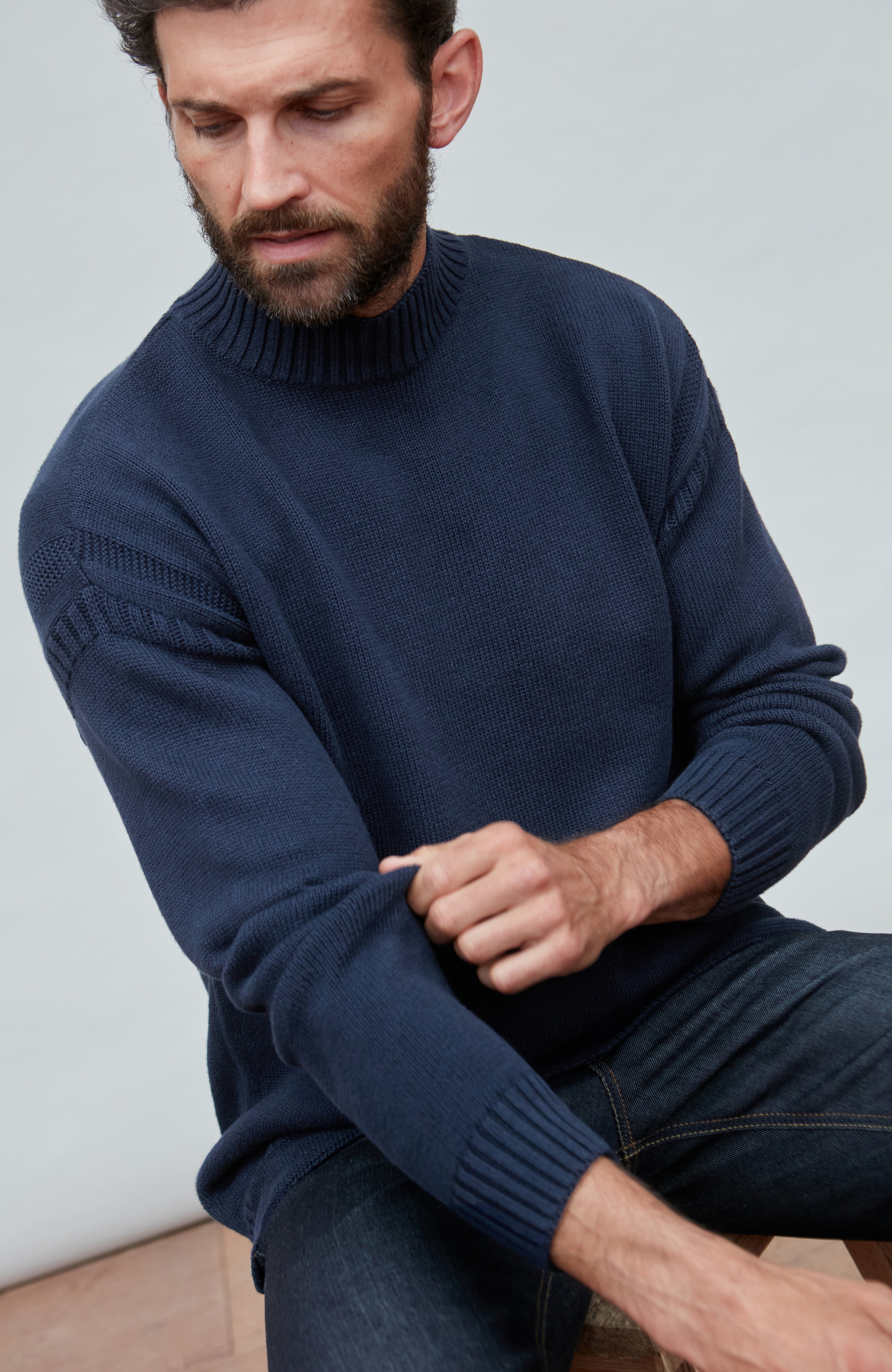 Mens Midweight Organic Cotton Linen Mock Neck Gansey Jumper