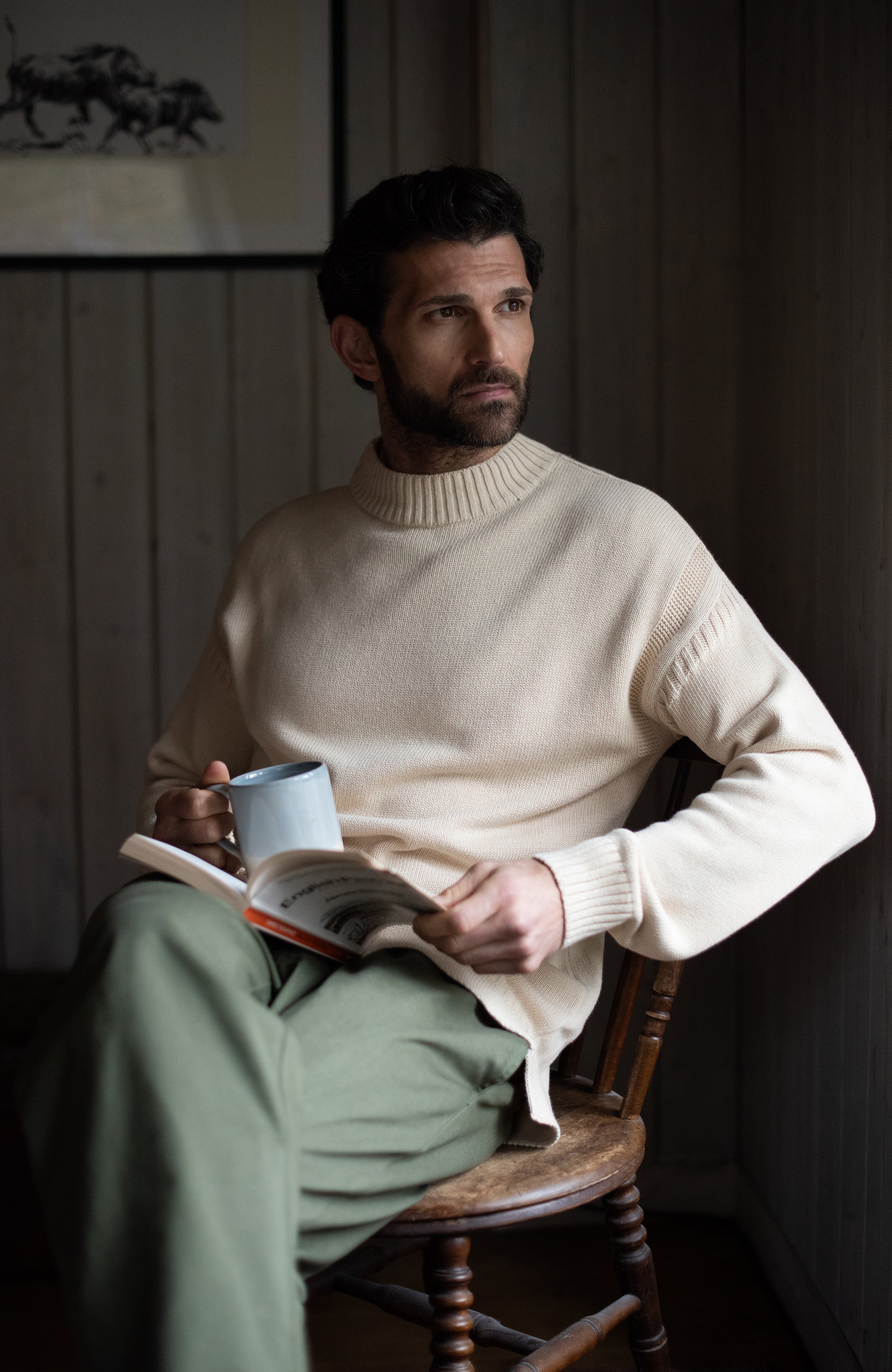 Mens Midweight Organic Cotton Linen Mock Neck Gansey Jumper