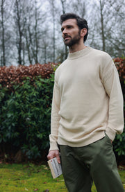 Mens Midweight Organic Cotton Linen Mock Neck Gansey Jumper