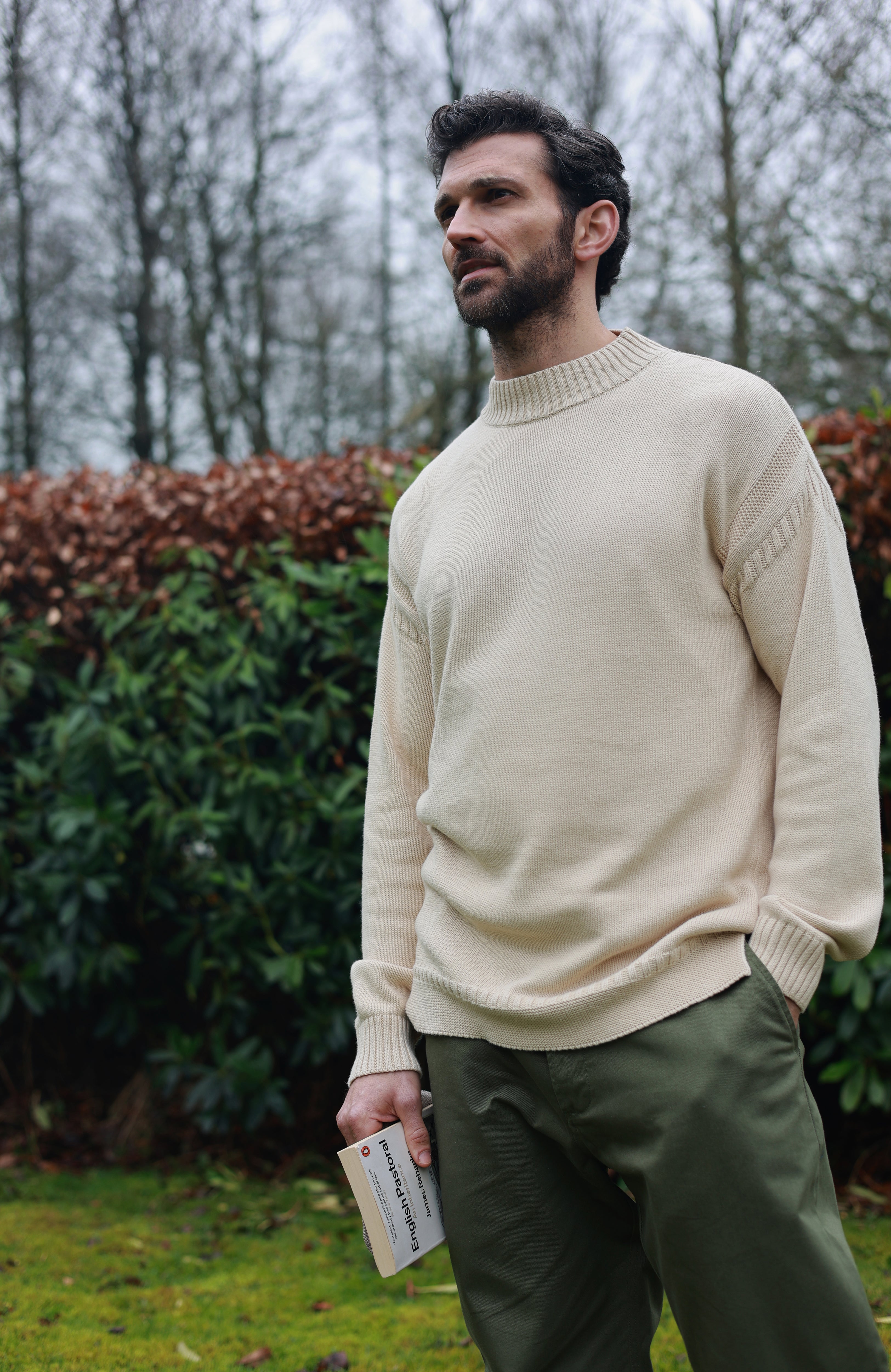 Mens Midweight Organic Cotton Linen Mock Neck Gansey Jumper
