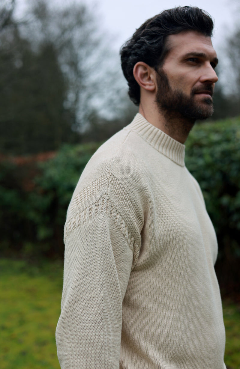 Mens Midweight Organic Cotton Linen Mock Neck Gansey Jumper