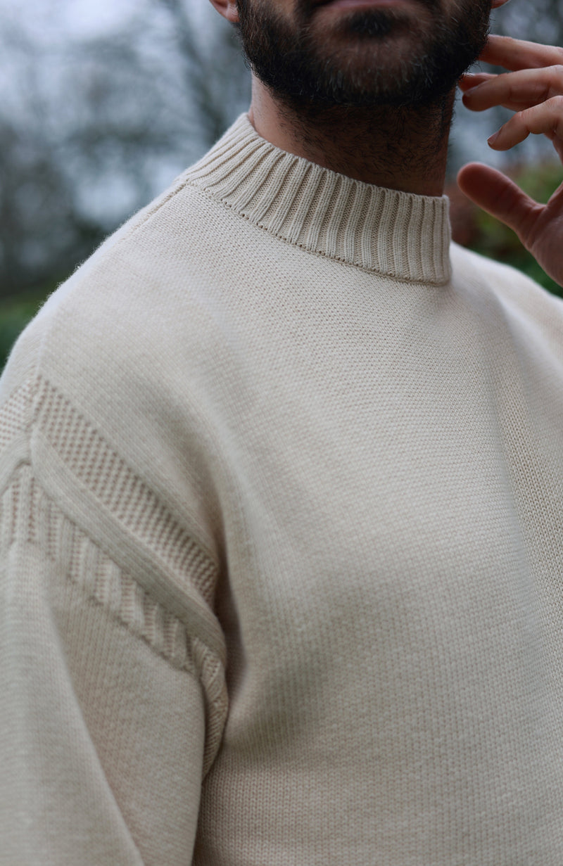 Mens Midweight Organic Cotton Linen Mock Neck Gansey Jumper