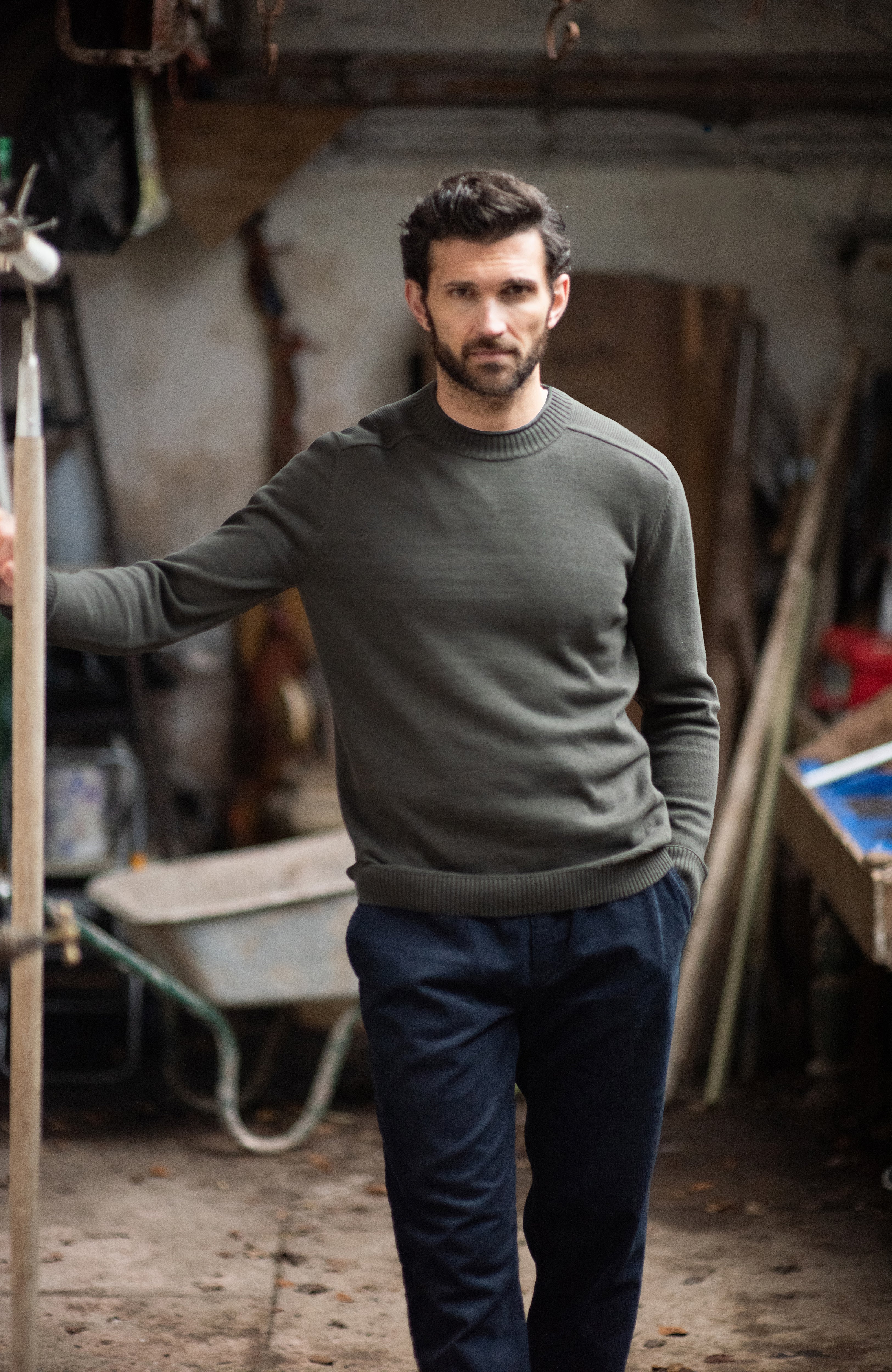 Mens Lightweight Organic Cotton Linen Saddle Shoulder Jumper