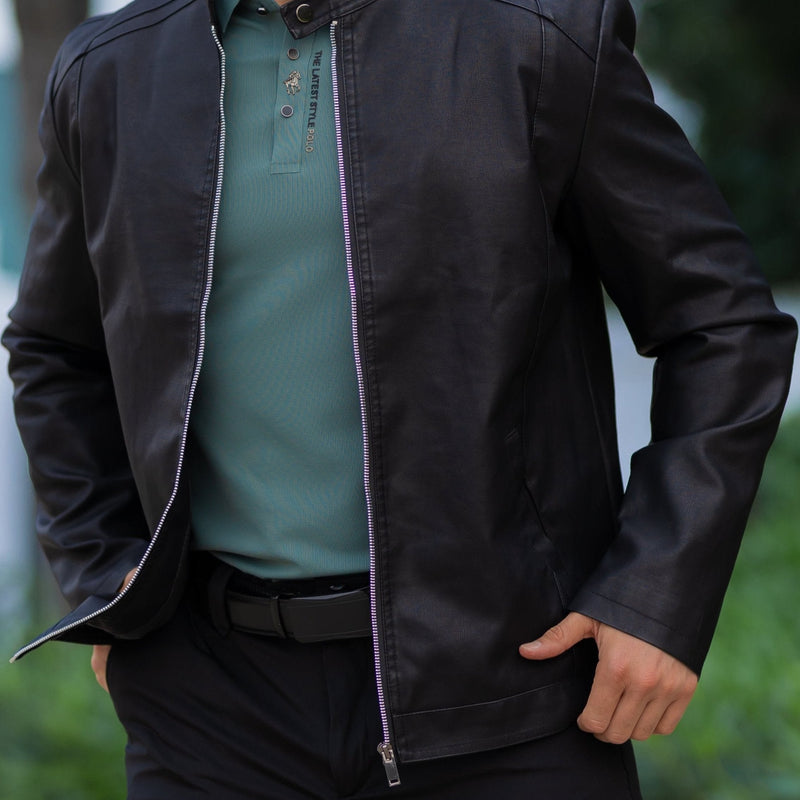 Nero Men's PU Leather Biker Jacket – Slim Fit Stand Collar