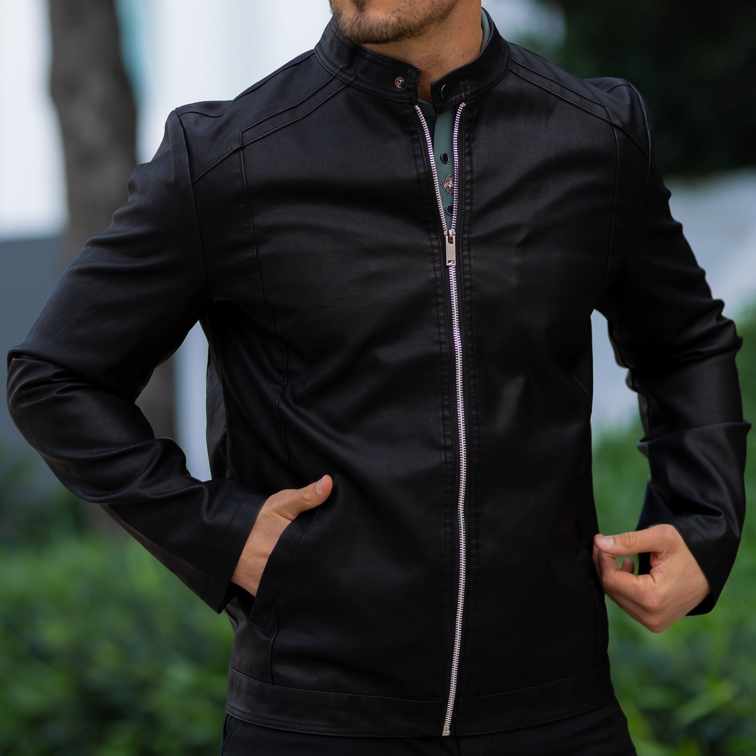 Nero Men's PU Leather Biker Jacket – Slim Fit Stand Collar