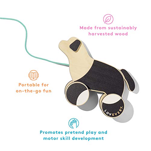 The Pull Pup by Lovevery - Wooden Push Pull Toy, Black/White/Natural Wood