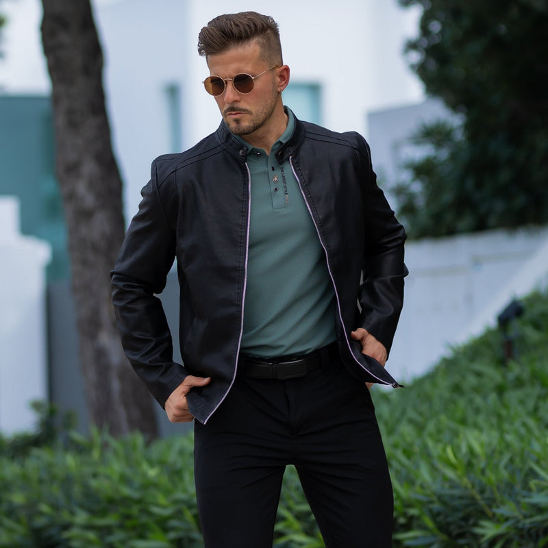 Nero Men's PU Leather Biker Jacket – Slim Fit Stand Collar