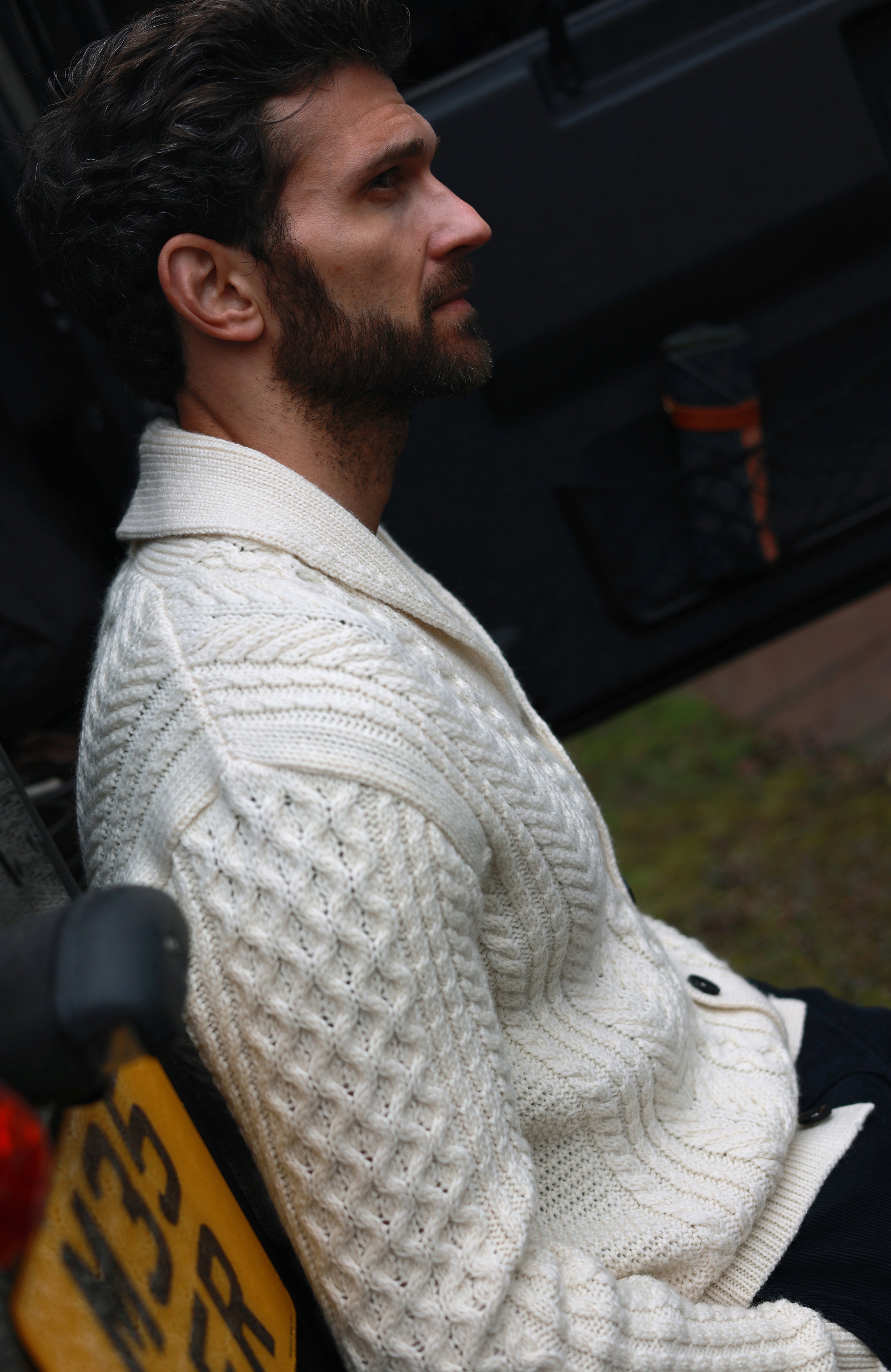 Mens Chunky Merino Wool Shawl Collar Cable Cardigan