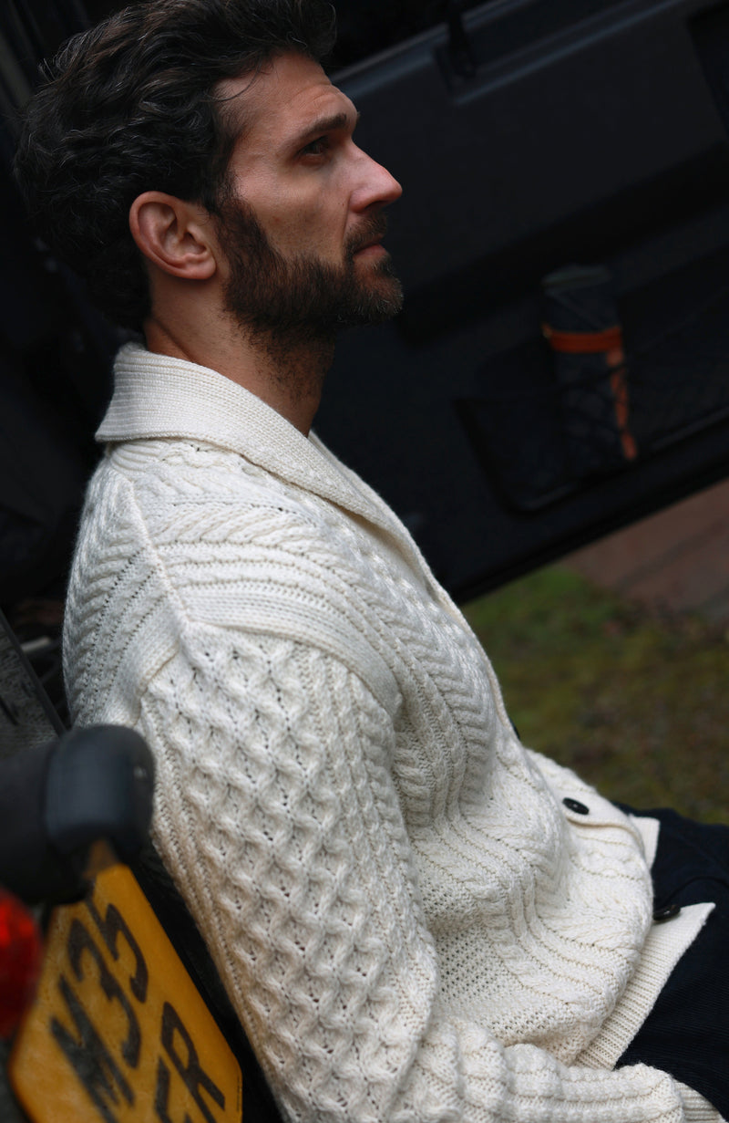 Mens Chunky Merino Wool Shawl Collar Cable Cardigan