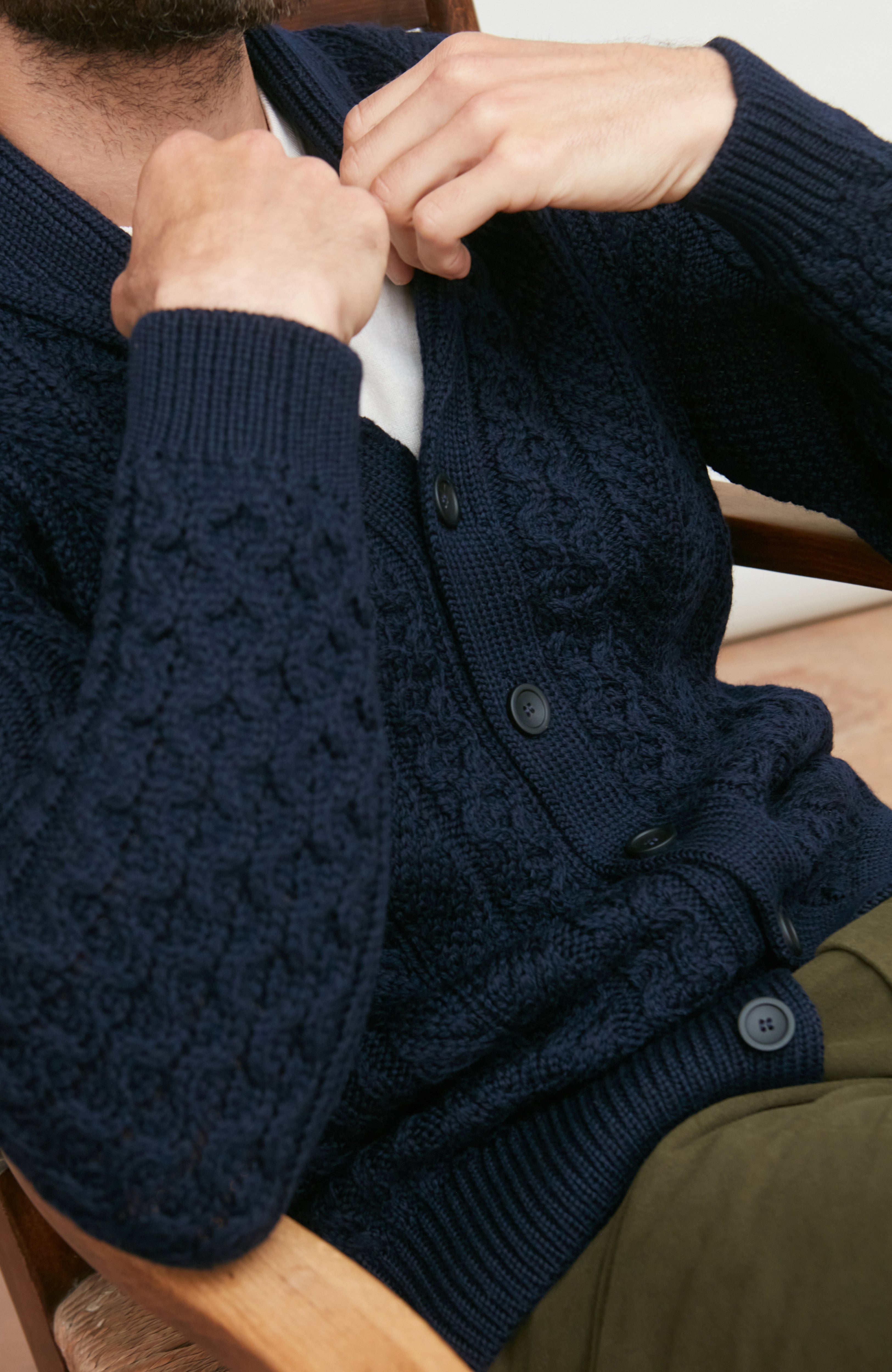 Mens Chunky Merino Wool Shawl Collar Cable Cardigan