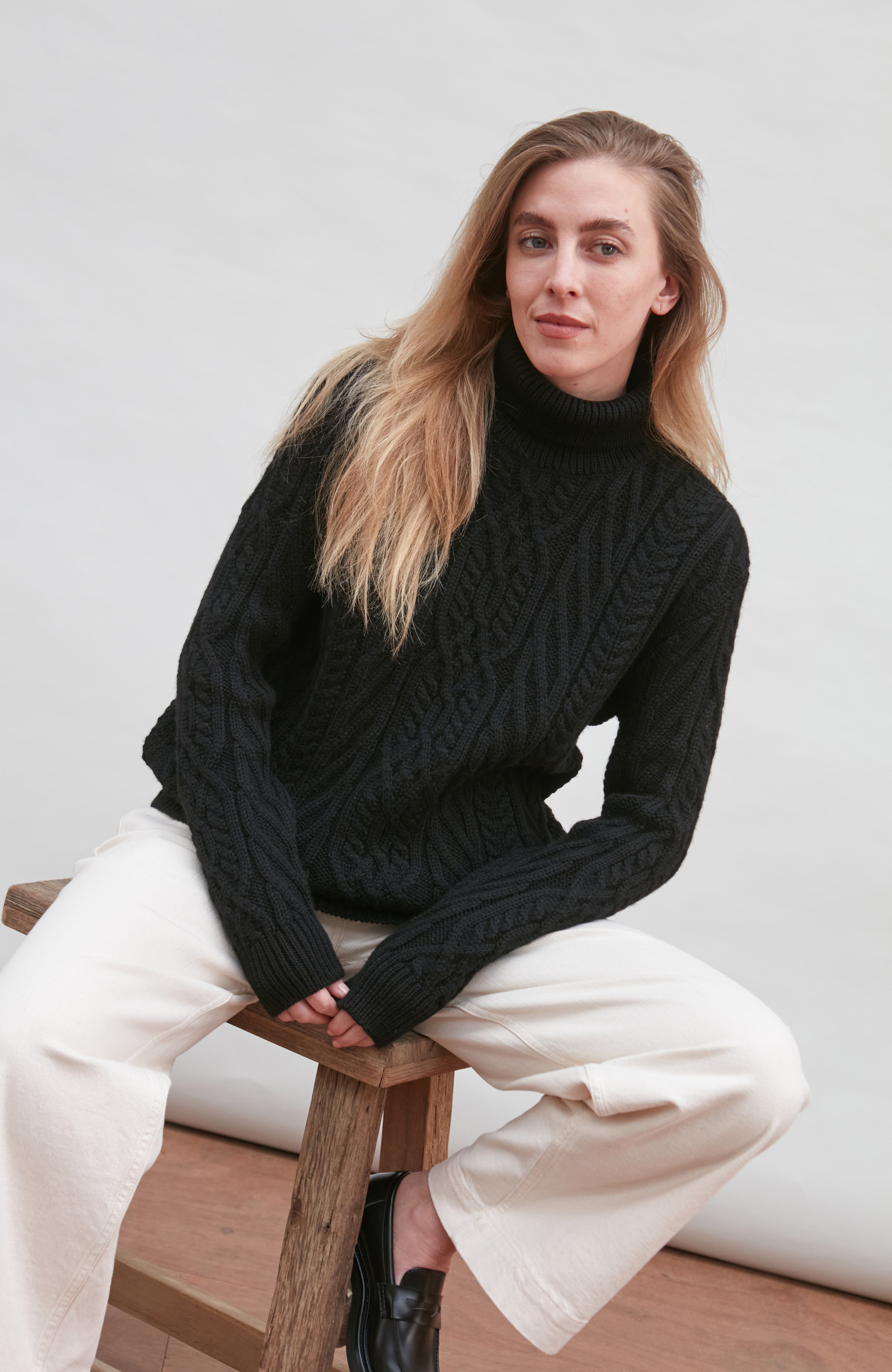 Womens Chunky Merino Wool Roll Neck Cable Jumper