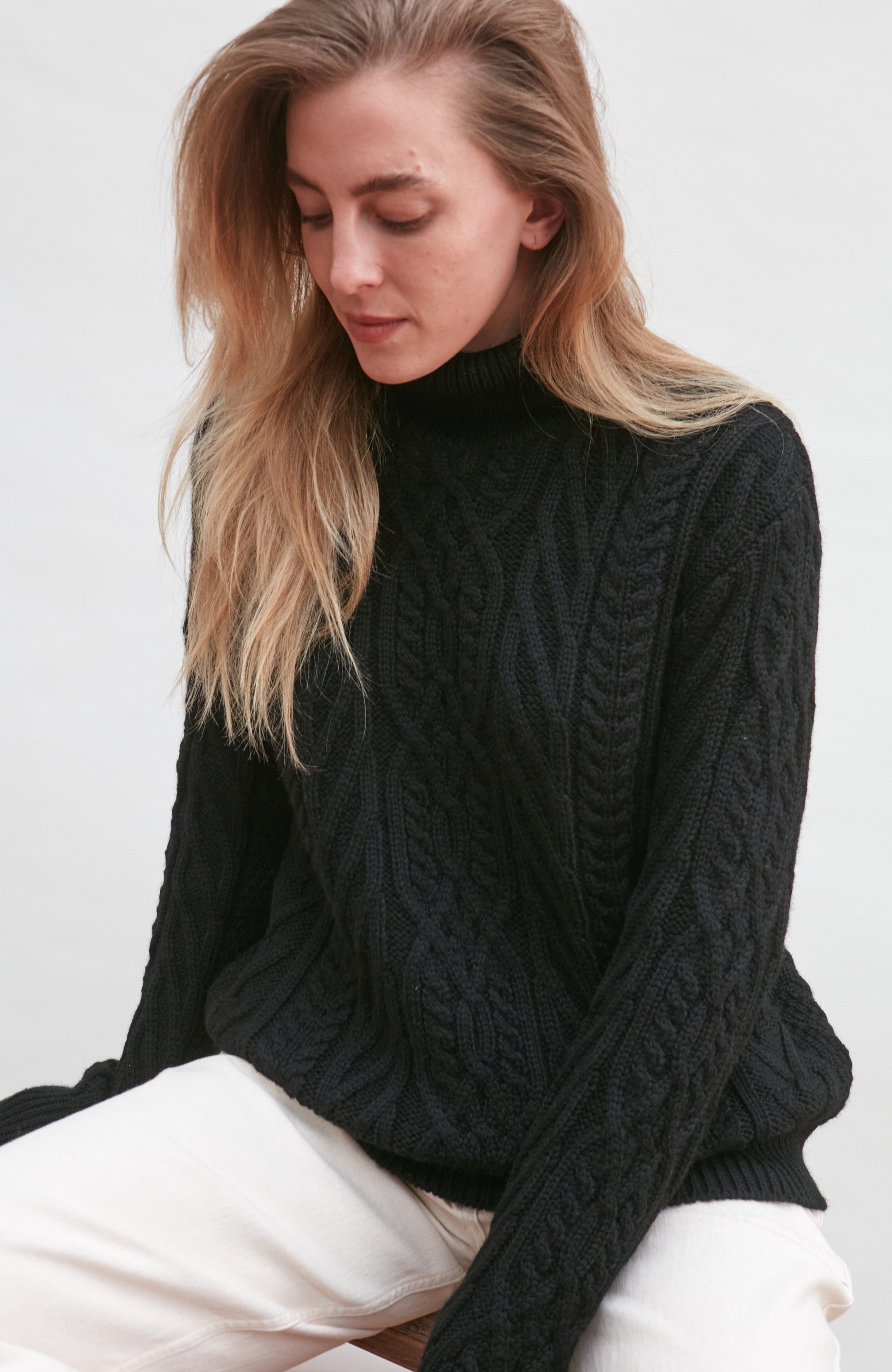 Womens Chunky Merino Wool Roll Neck Cable Jumper