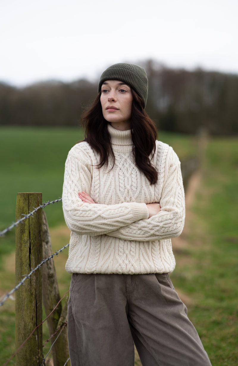 Womens Chunky Merino Wool Roll Neck Cable Jumper
