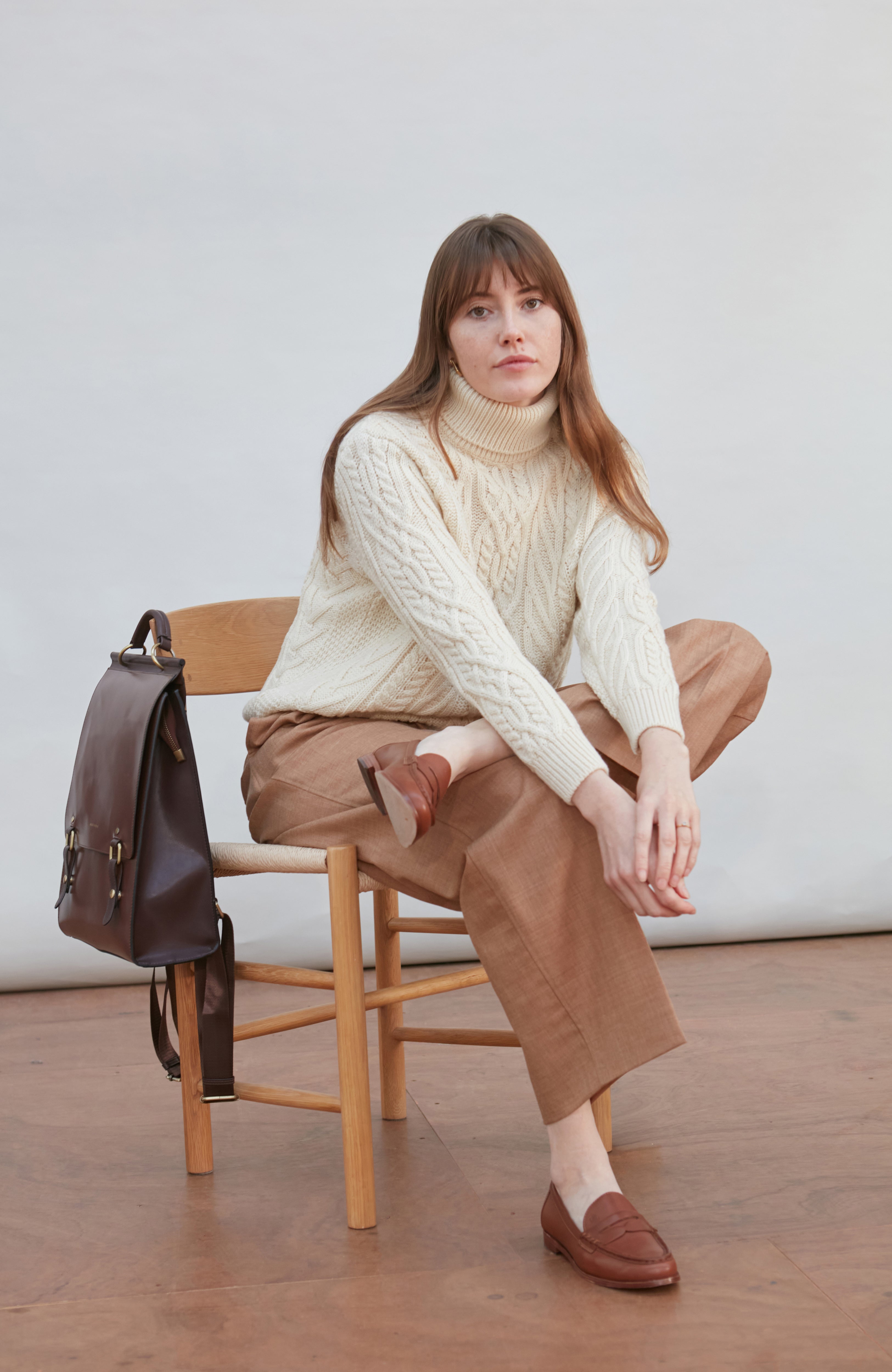Womens Chunky Merino Wool Roll Neck Cable Jumper